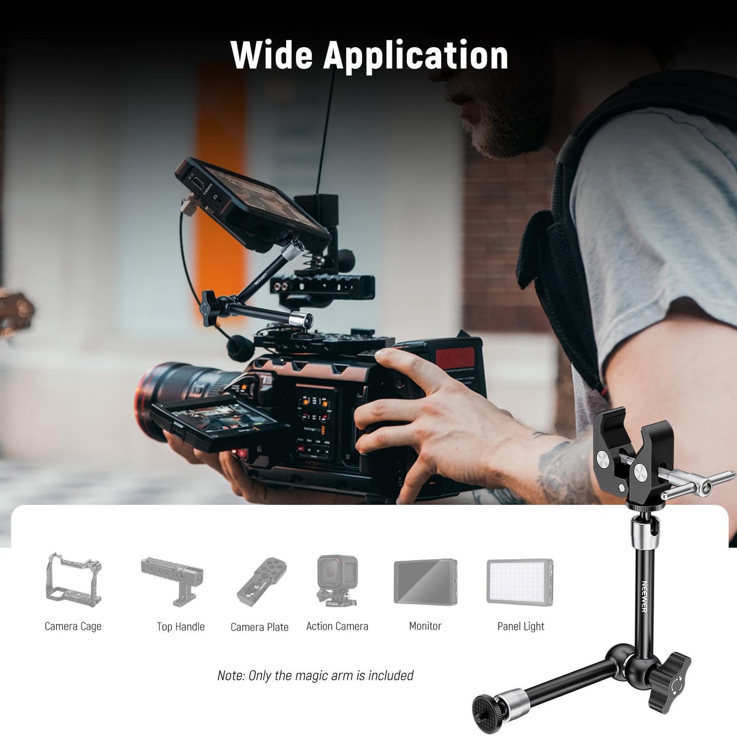 NEEWER 9.8"/25cm Magic Arm with Super Clamp & Cleaning Cloth, 1/4" & 3/8" Threads for Flash/LED Light/Microphone/DSLR Camera Monitor Compatible