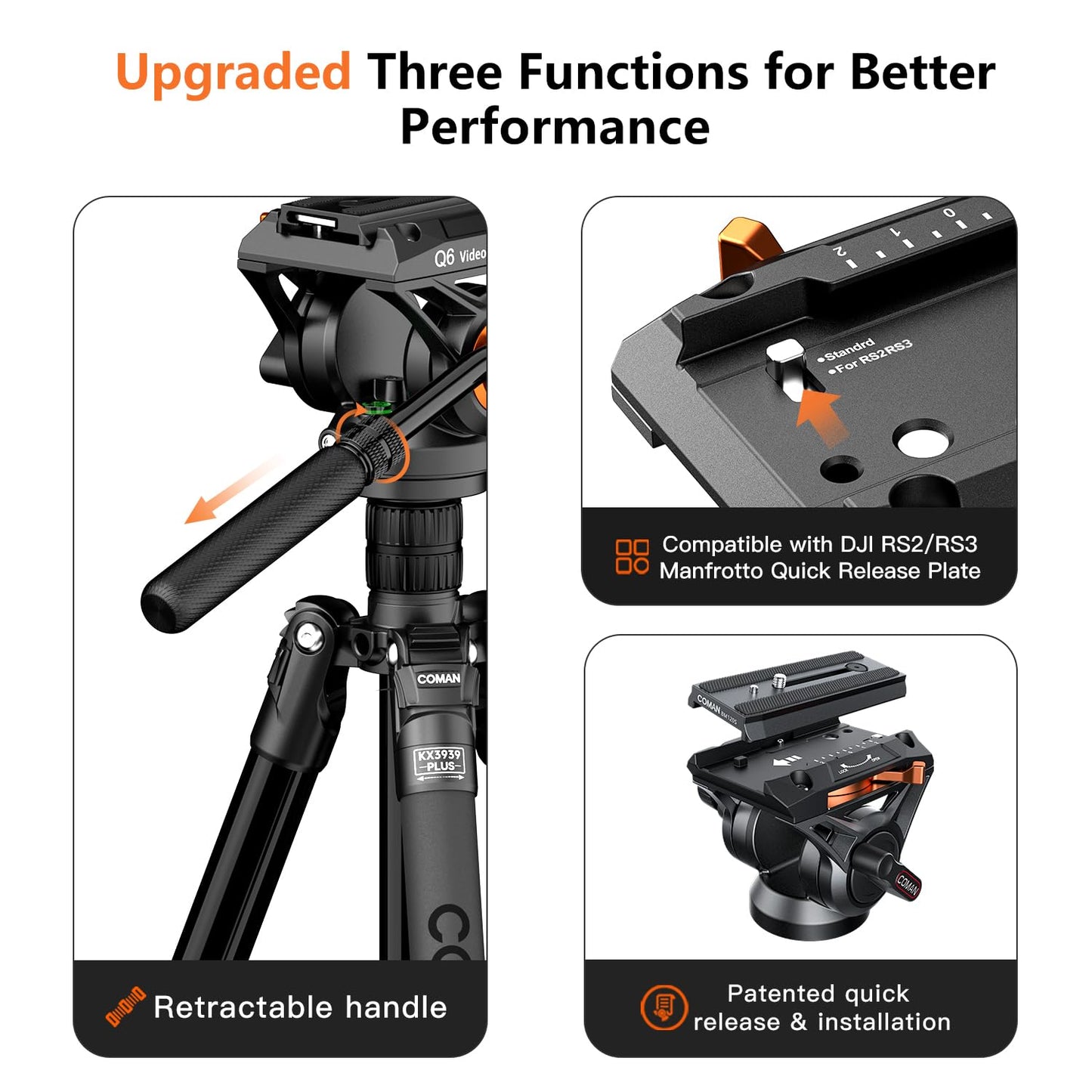 COMAN Fluid Head Tripod for DSLR Camcorder,Camera Monopod Tripod 360° Pan&+90°/-70° Tilt,New Q6 Fluid Head Aluminum Alloy QR Plate Compatible with DJI