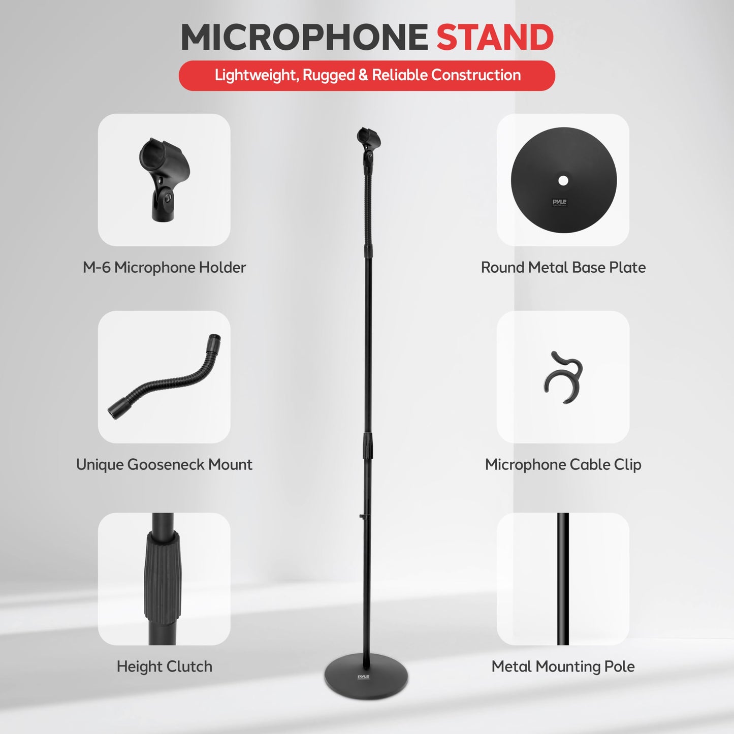 Pyle Universal Microphone Stand - M-6 Mic Holder USA Standard Adapter and Height Adjustable from 31.5” to 60” Inch High w/ Pivotable Gooseneck Mount