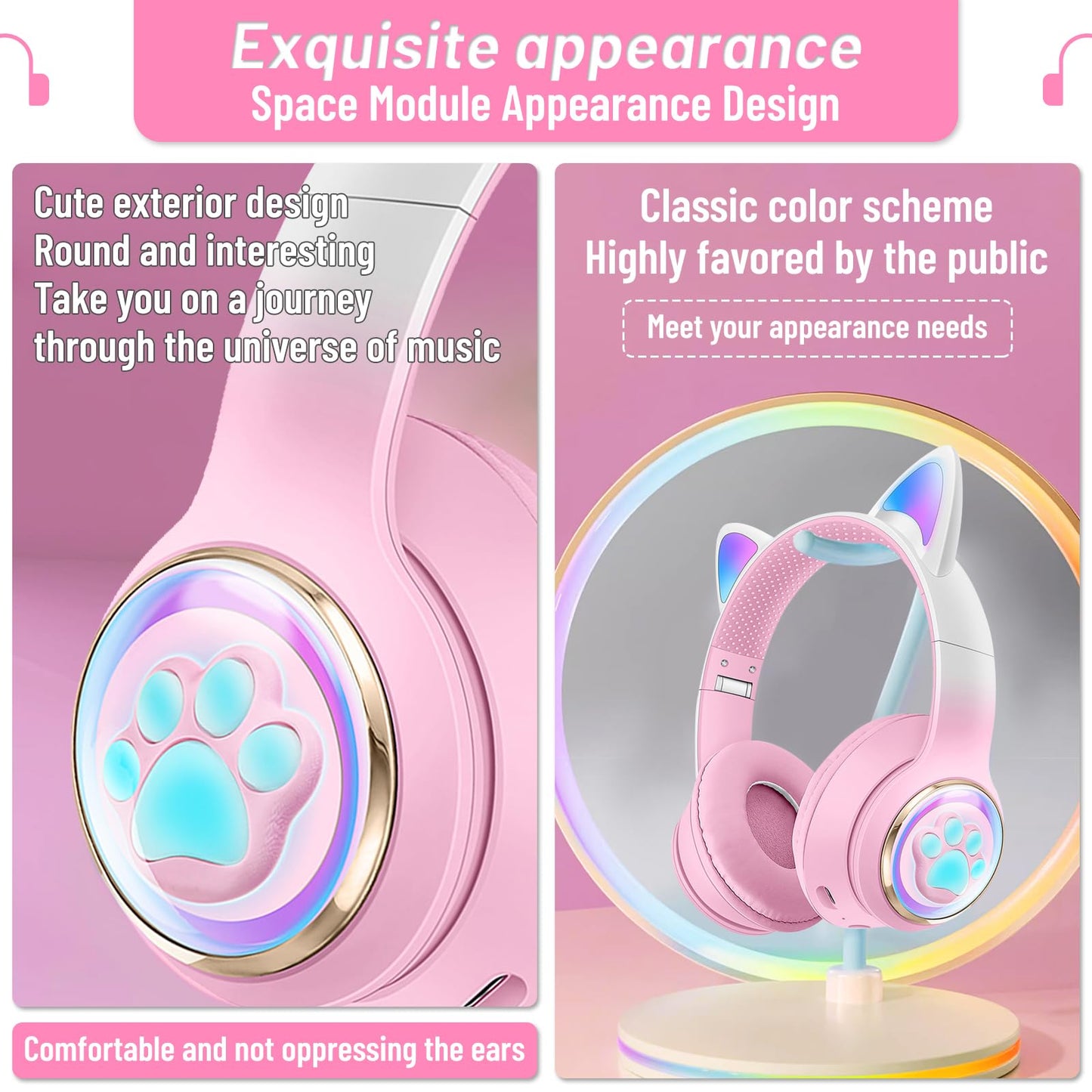 KERHAND Cat Ear Kids Headphones, Bluetooth 5.0, Safe Volume, LED, Pink