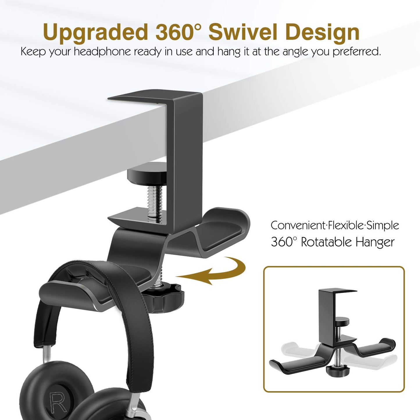 MoKo Headphone Hanger, Aluminum 360° Rotating Dual Headphone Stand Under Desk Headset Holder Earphone Mount with Adjustable Clamp for All