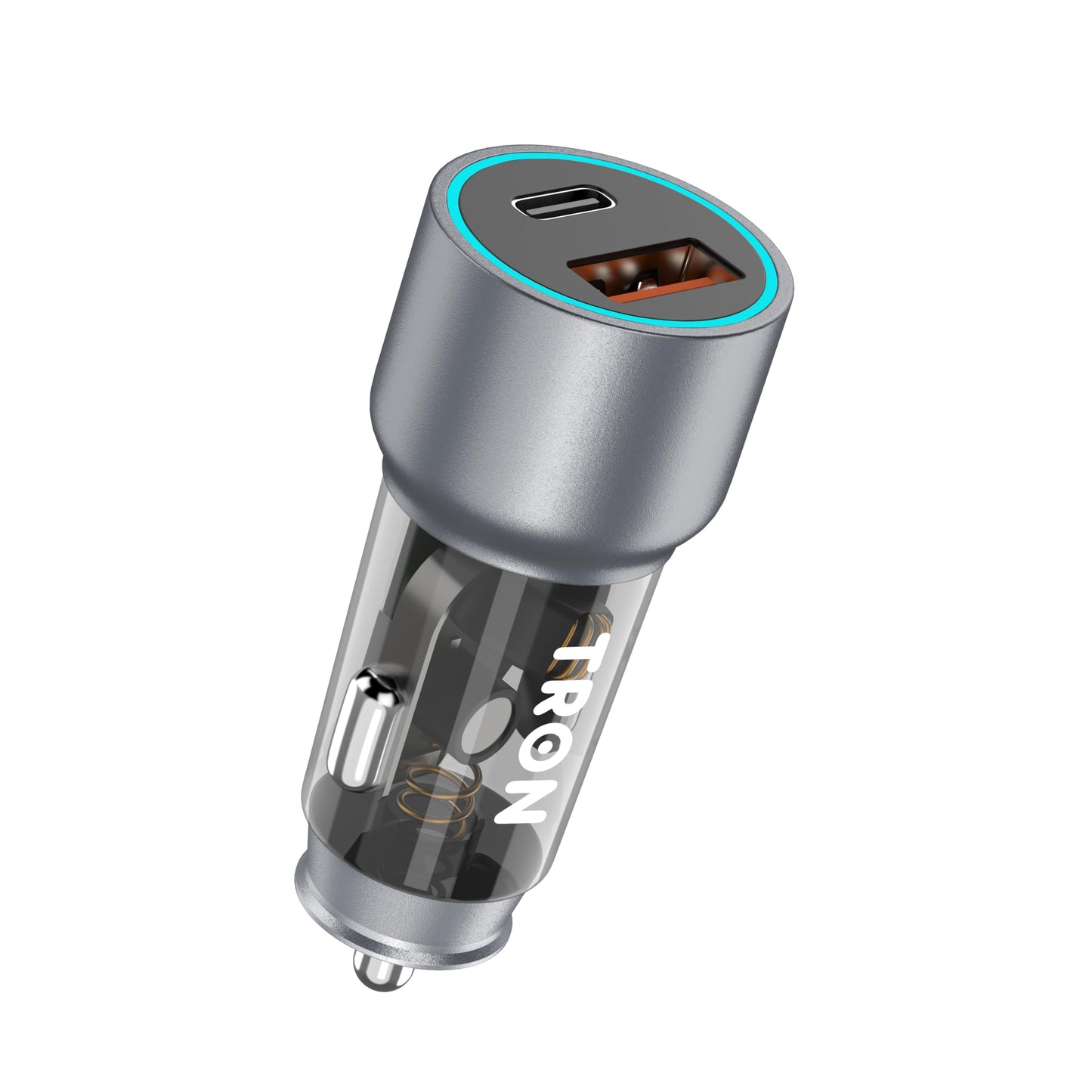 TRON 43W Dual Port Car Charger, USB-C PD 25W + USB-A 18W Fast Charging, Transparent LED Body, 12V/24V Car Adapter, Black/Blue/Gray, Optional 5ft USB-C