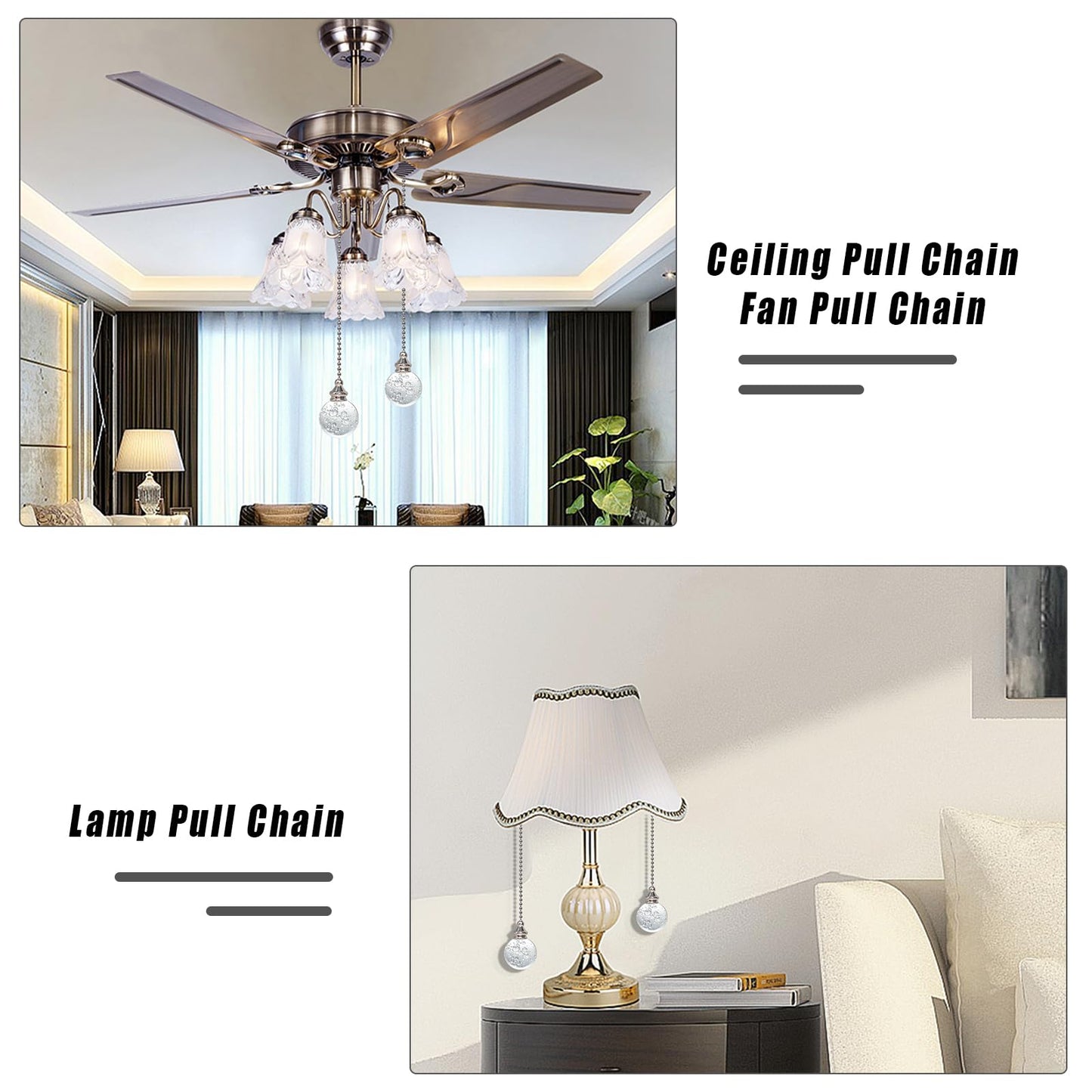 2pcs Clear Crystal Ceiling Fan Pull Chain Crystal Bubble Ball 30mm Dazzling Pull Chain Extension with Connector for Ceiling Light Fan