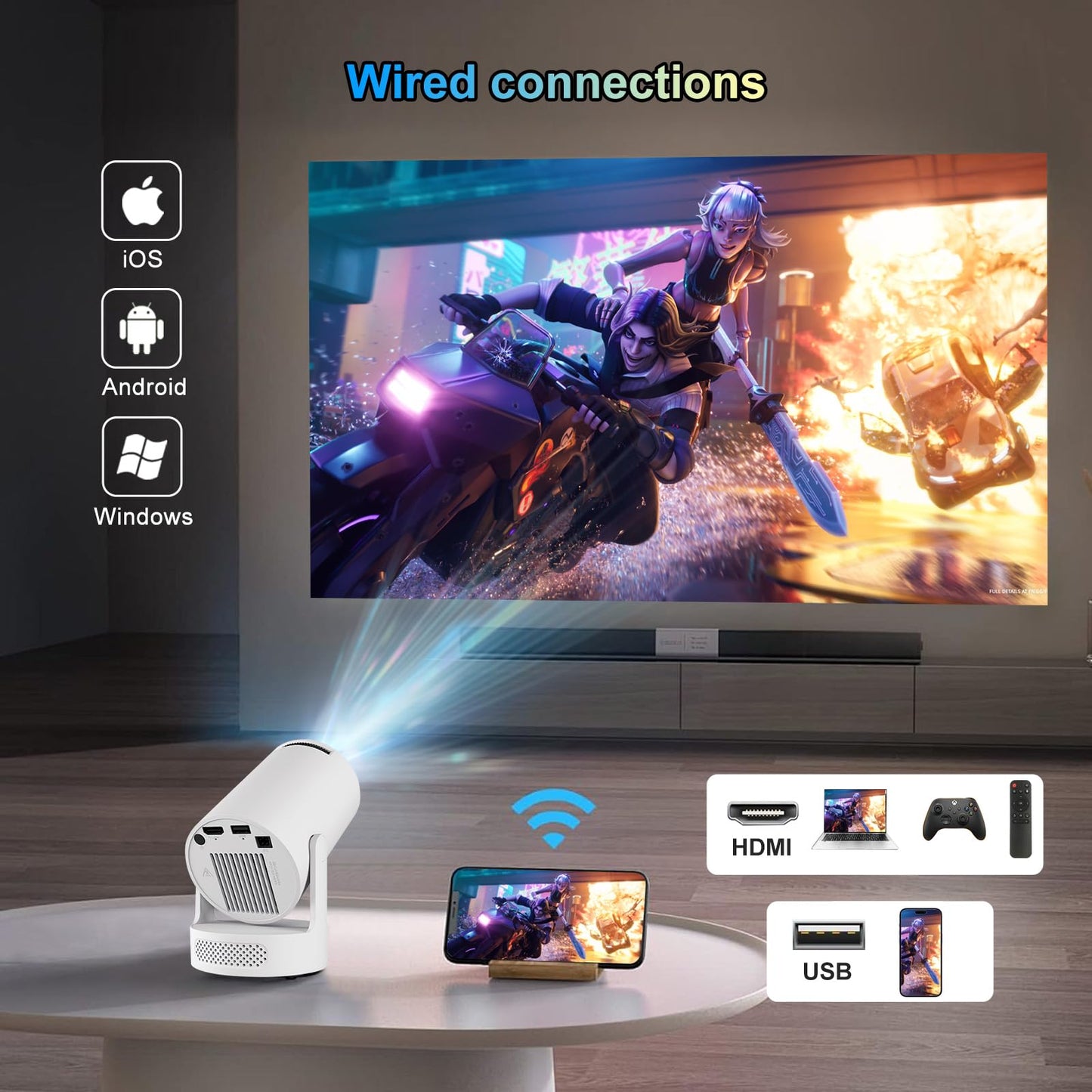 Mini Projector 4K support with Dual-Band WIFI6 5G Wireless 5.4 Bluetooth Android 11, Soundbase Speaker, Auto Vertical Keystone 180°Rotatable Portable