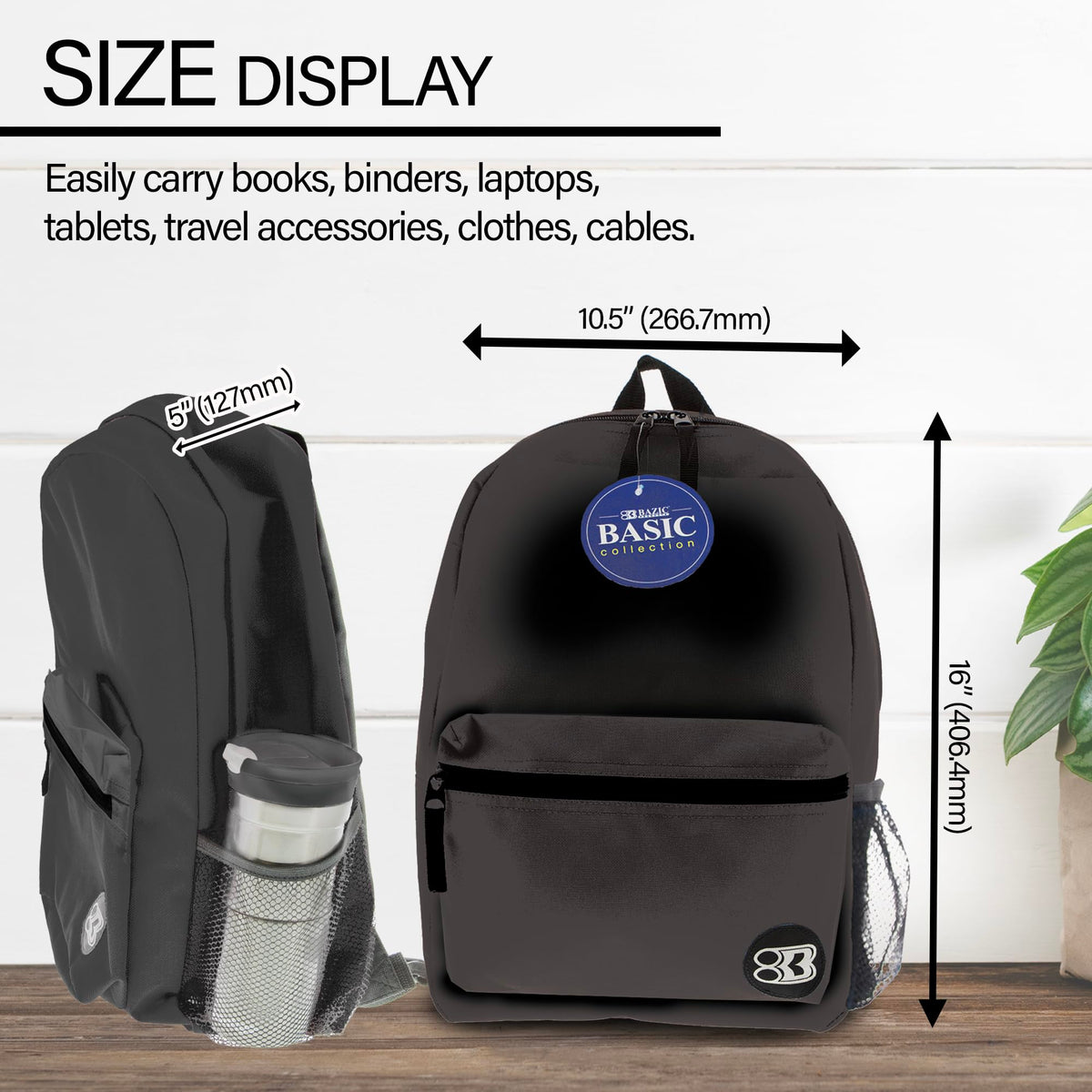 BAZIC School Backpack 16" Black, Lightweight School Bag Padded Back & Adjustable Strap for Students, Travel Bag Fit A4 Notebook, 1-Pack