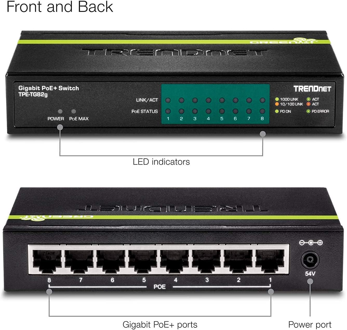 TRENDnet 8-Port GREENnet Gigabit PoE+ Switch, Supports + Devices, 61W Budget, 16Gbps Switching Capacity, Data & Power Via Ethernet to Access Points