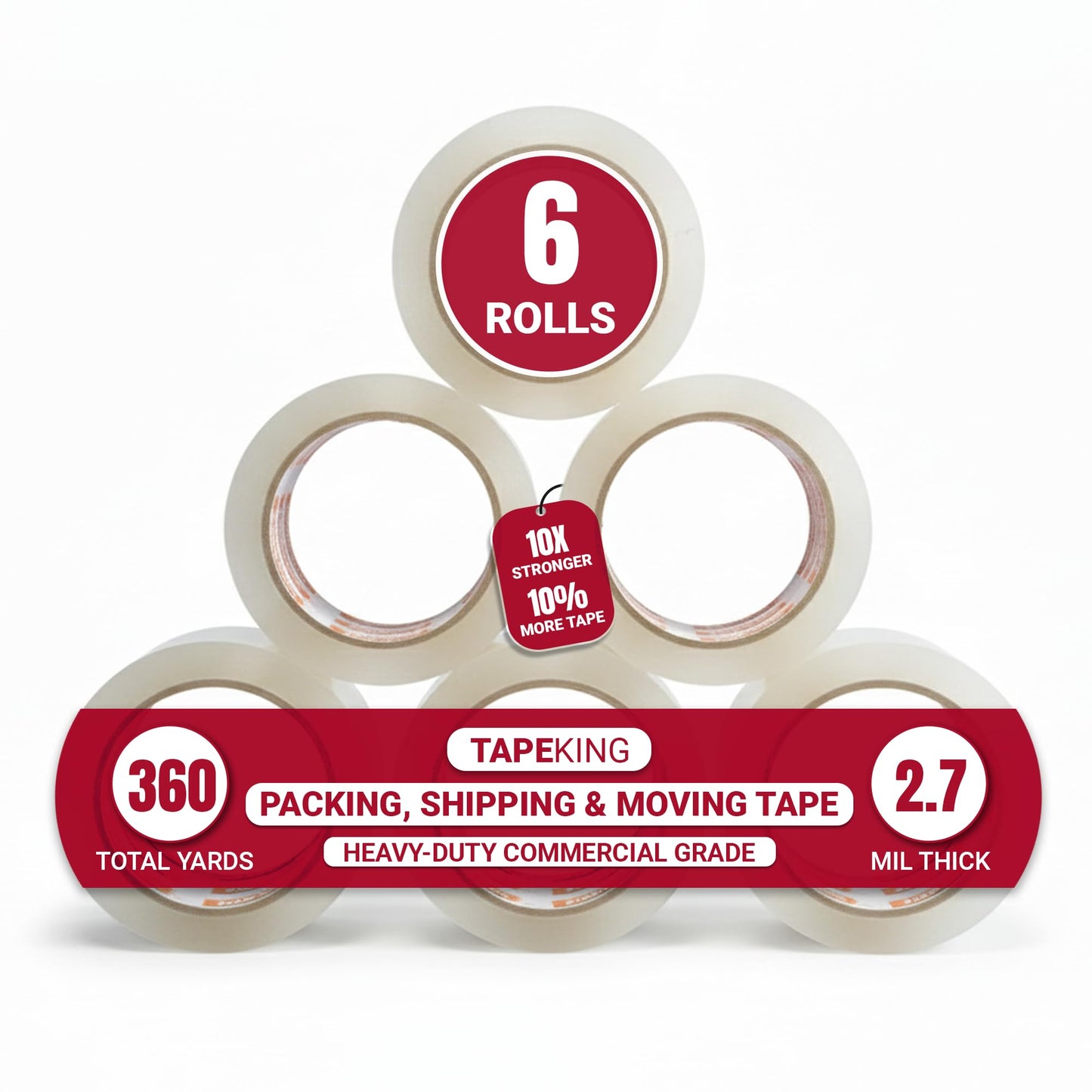 Tape King Clear Packing Tape - 60 Yards Per Roll (Pack of 6 Rolls) - Stronger & Thicker 2.7mil, Heavy Duty Adhesive Industrial Depot Tapes for Moving