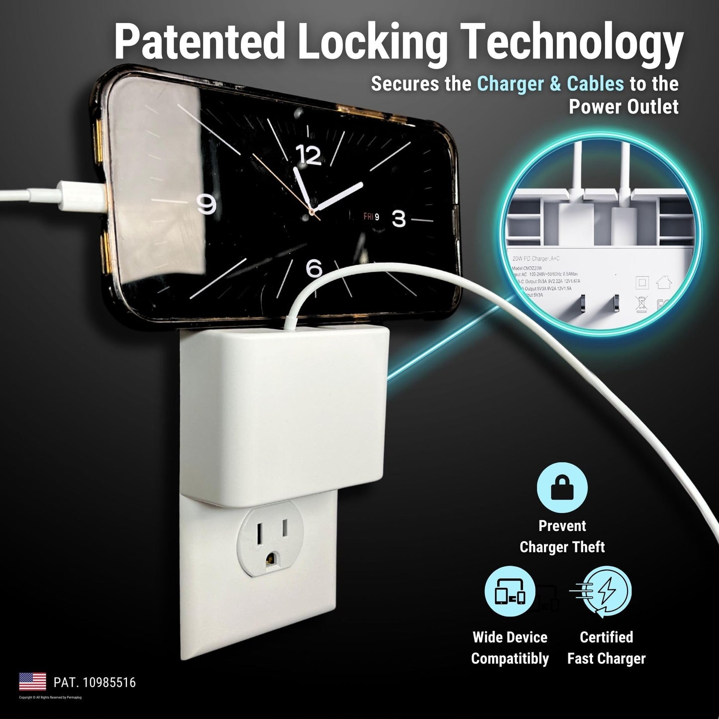 Permaplug Charger Lock: Anti-Theft & Tug-Proof Phone Charger Lock System for Apple iPhone 14/13/12/11/ X/MAX/XR/ 8/6/7/ XS, iPad, iPod Touch