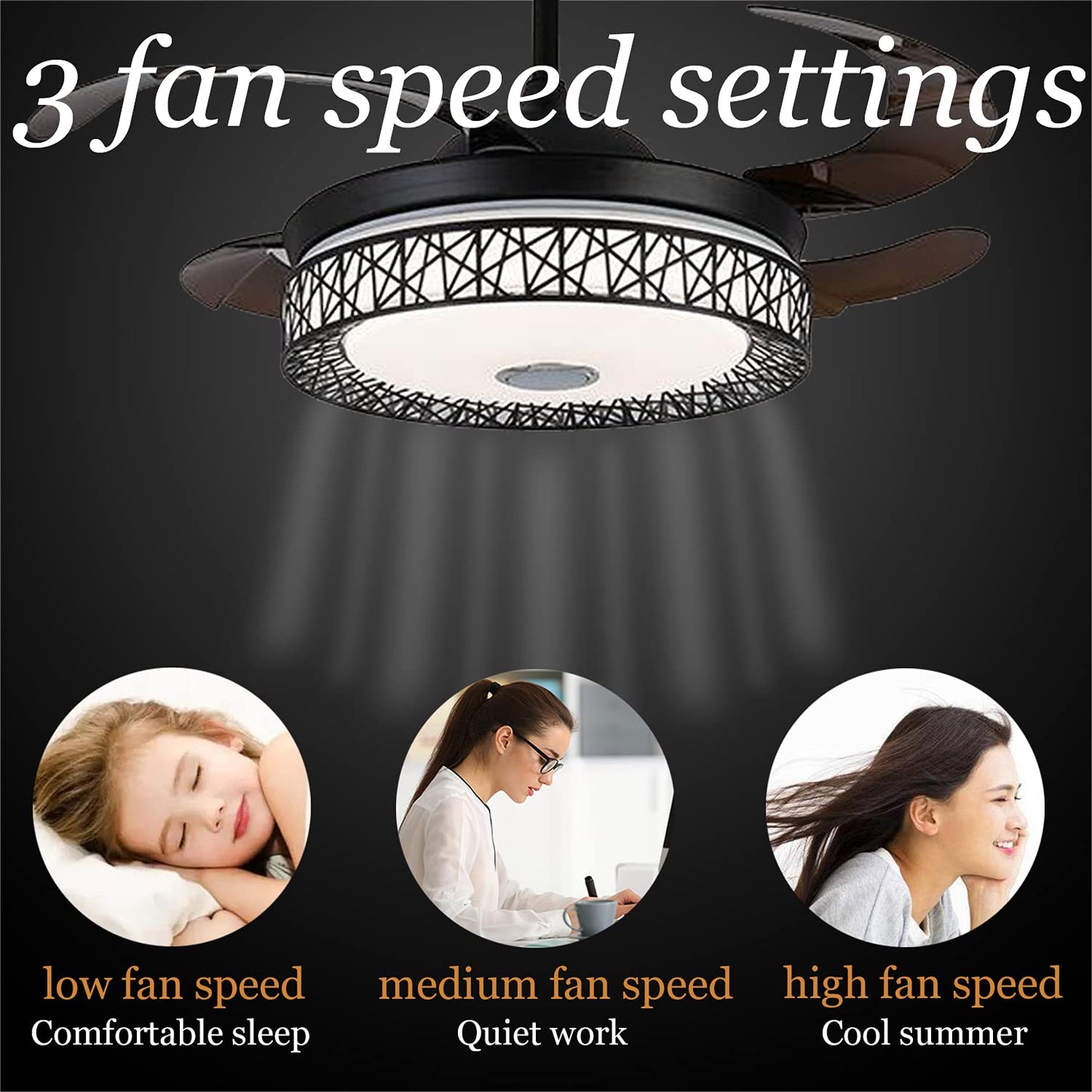 Iammix 42” Modern Retractable Ceiling Fan Indoor Light and Remote Fan Chandelier Light Fixture, Bluetooth Music Player Dimmable Colors, Black Nest
