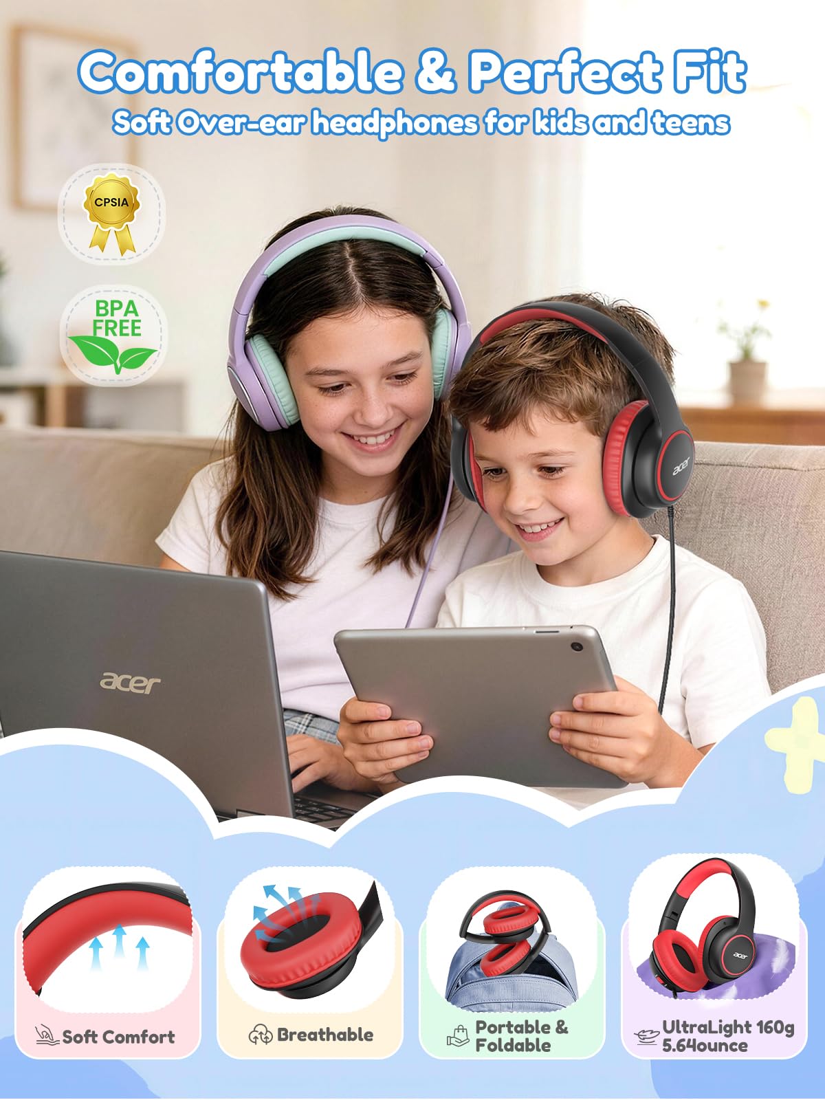 Acer Kids Headphones Wired for School - Over Ear Design, 85/94dB Safe Volume Limit, 3.5mm Jack Foldable Headphones for Toddler Boys Girls Classroom