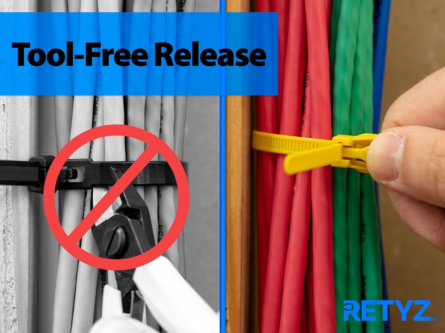 RETYZ 12-Inch Blue Metal Detectable Reusable Cable Ties - 10 Pack, 50 lb Strength, Patented Quick-Release, FDA-Compliant, Safety-First for Food