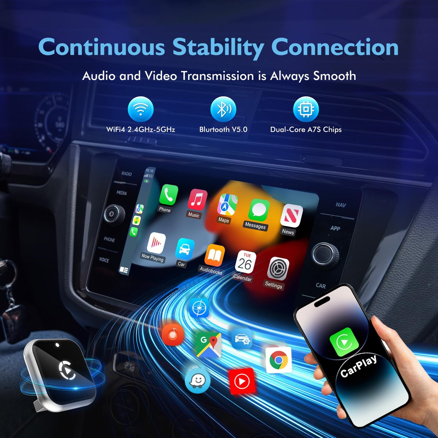 Astrulume Mini L-Type & Ultra-Thin Wireless CarPlay Adapter, 2026 Upgraded Bluetooth Adapter, Plug and Play for iPhone, No Delay, Compatible with iOS