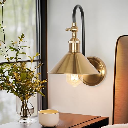 GEPOW Black Gold Wall Sconces, Adjustable Modern Sconces Wall Lighting with Brass Metal Shade for Hallway, Bathroom, Bedroom, Kitchen and Living Room