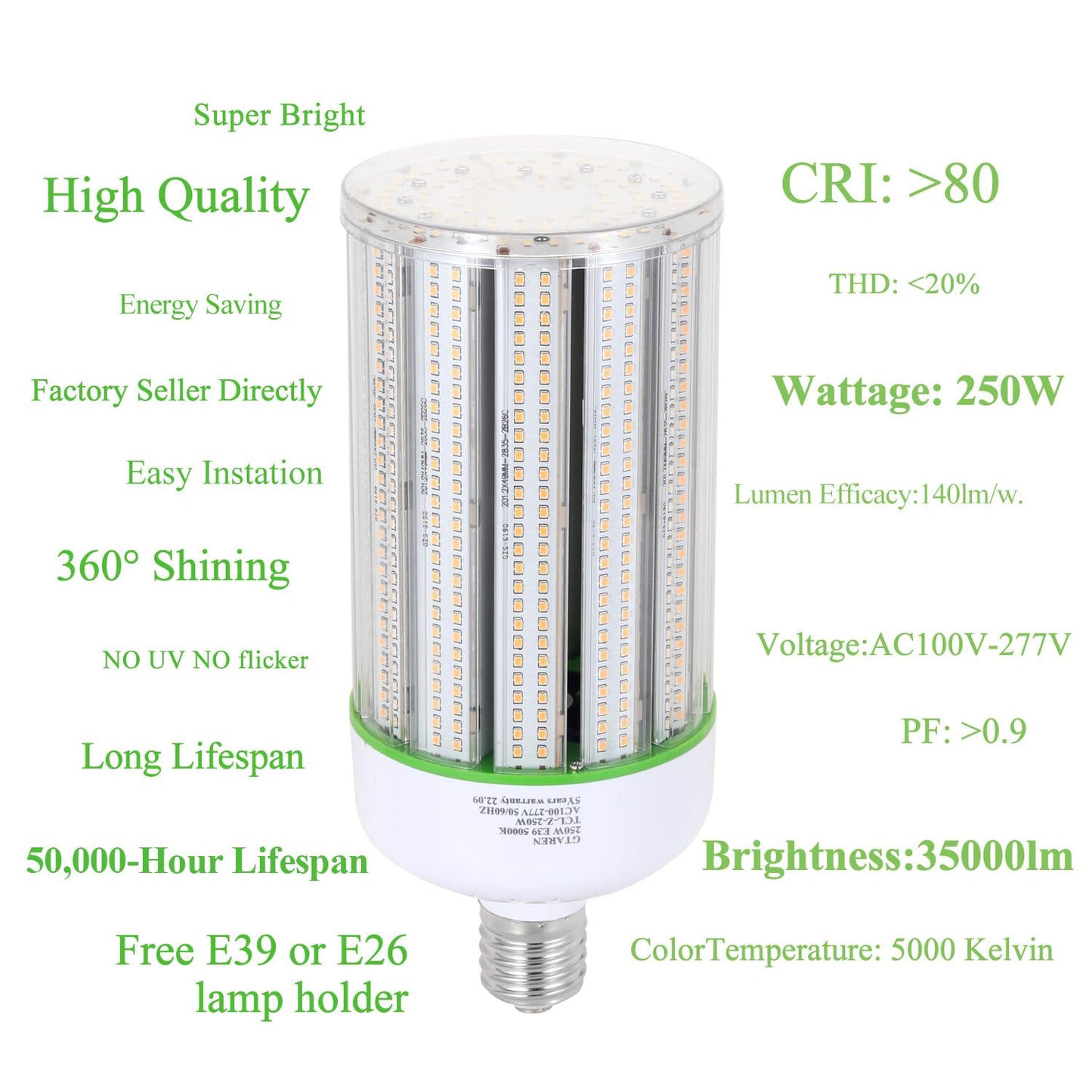 250W LED Corn Light Bulb,1000w Metal Halide Replacement,5000K E39 Mogul Base LED Bulb,Retrofit HPS HID Lamp for Commercial Industrial High Bay light