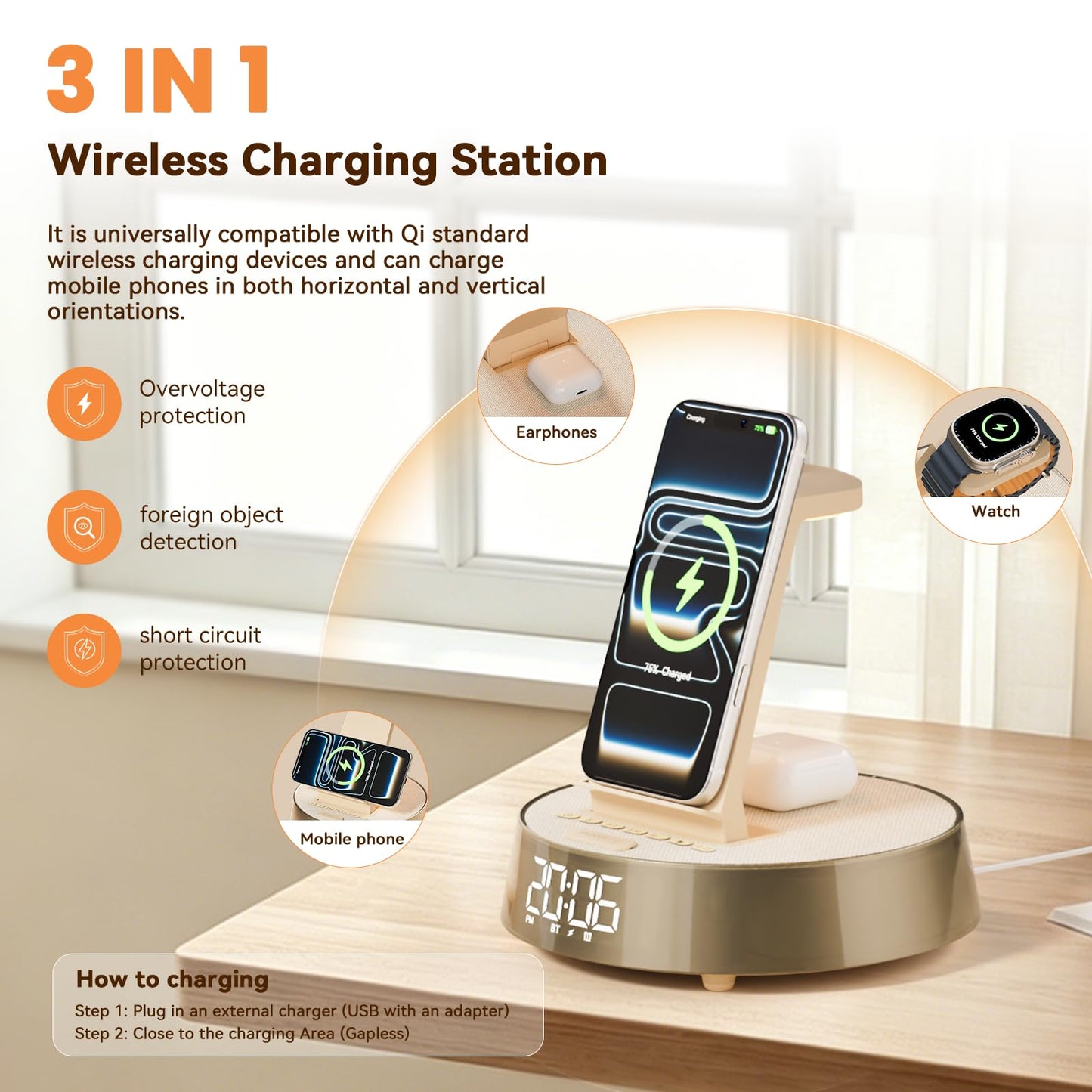 6 in 1 Wireless Charging Station with Alarm Clock, Bluetooth Speaker, FM Radio, Night Light for Bedroom Office, Wireless Charger Dock Station