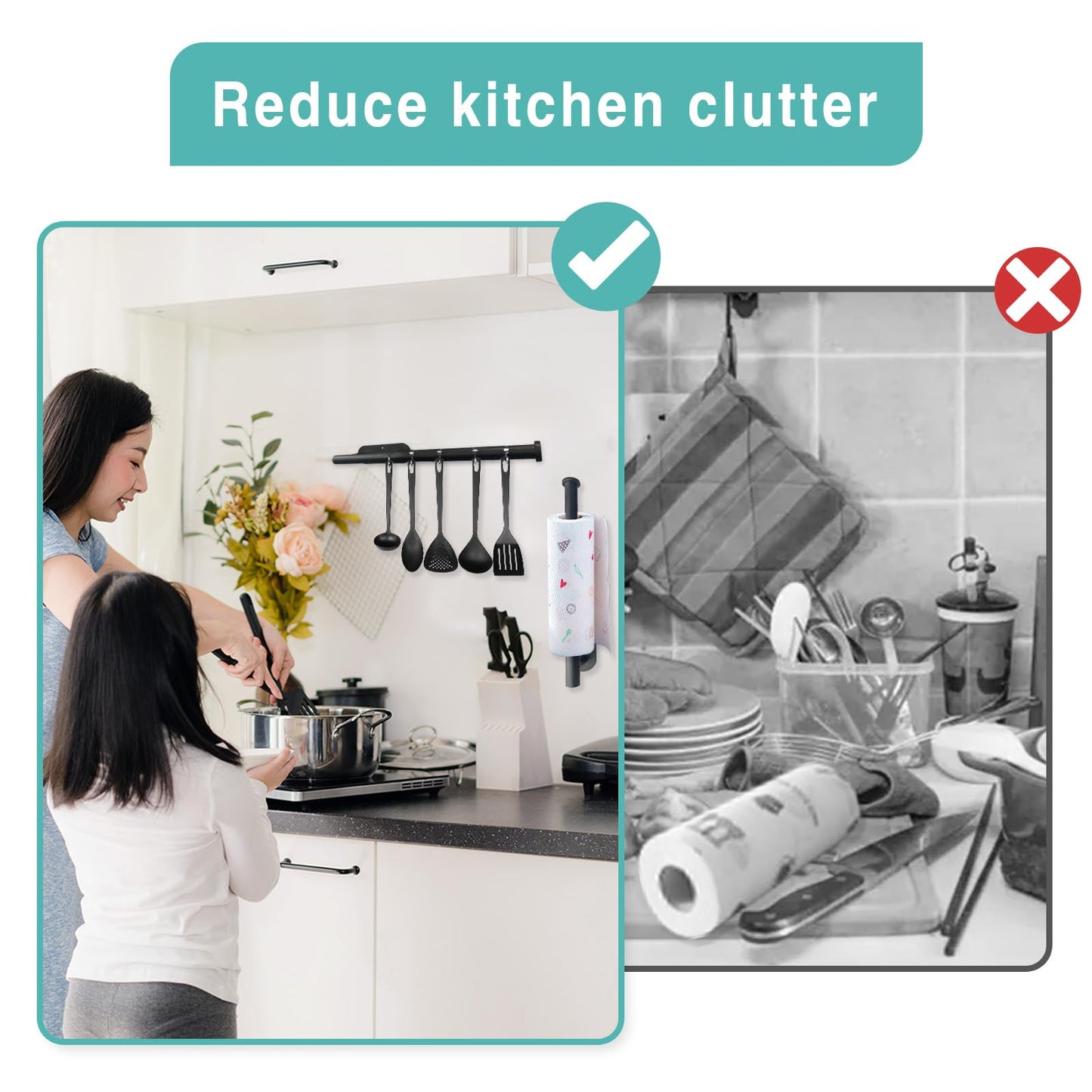 Paper Towel Holder – Self-Adhesive or Drill Mount, Under-Cabinet Stainless Steel in Black for Kitchen, Bathroom, Sink, Pantry & Fridge