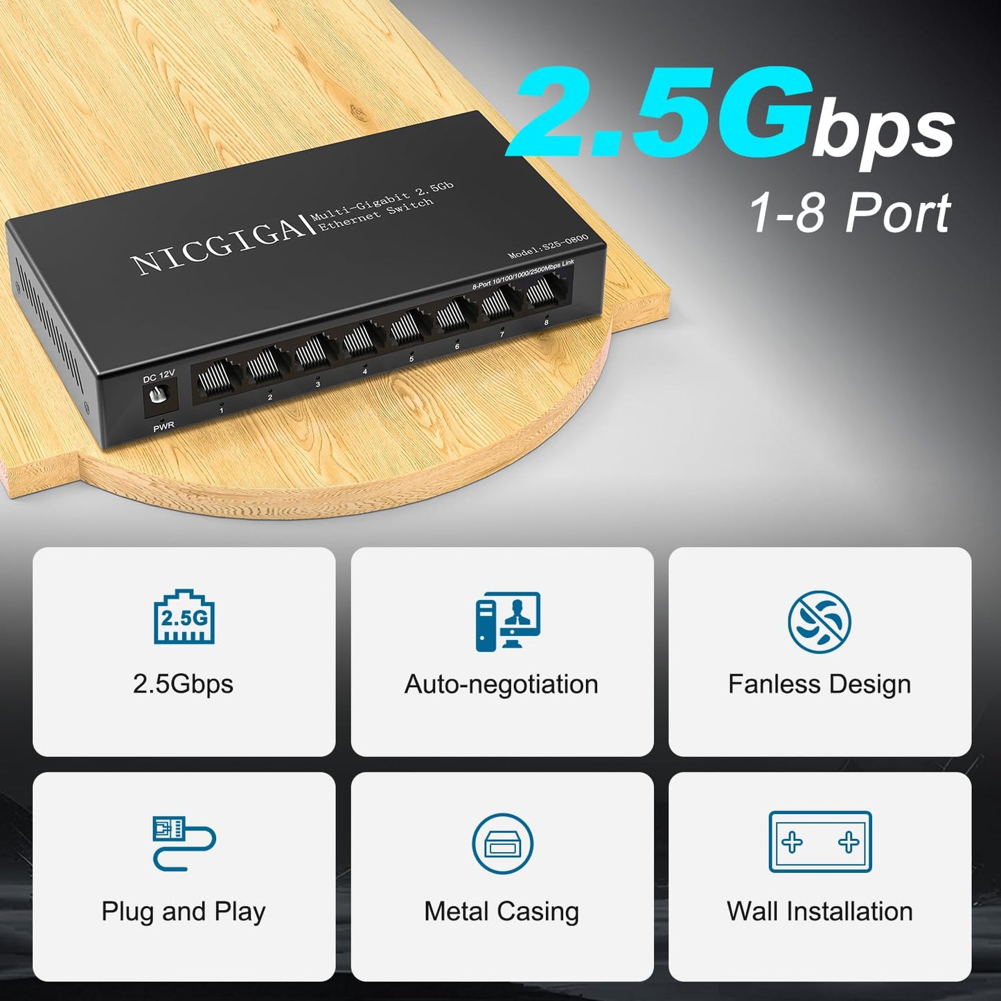 8 Port 2.5Gb Unmanaged Ethernet Switch with 8* 2.5Gbps Base-T Ports. NICGIGA 8 Port 2.5G Network Switch for 2.5Gbps NAS/PC, WiFi6 Router, Wireless AP
