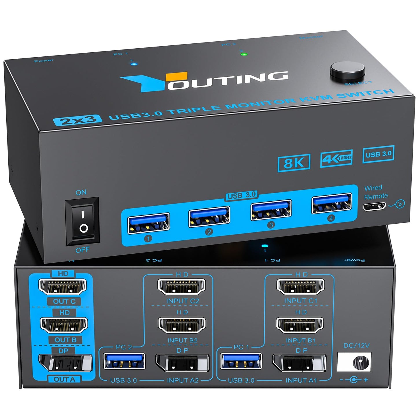 KCEVE 8K KVM Switch 3 Monitors 2 Computers HDMI DP, USB 3.0 KVM Switch Dual Monitor 4K@144Hz 8K@60Hz for 2 Computer Share Keyboard Mouse, with Power