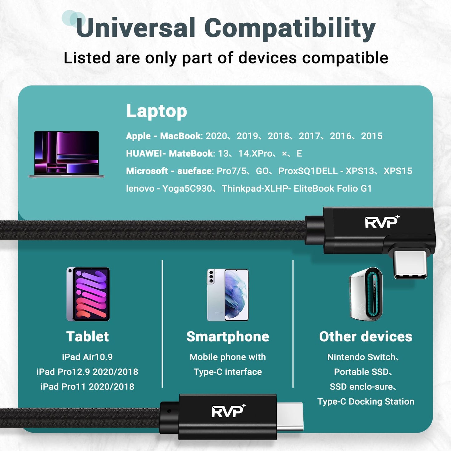 RVP+ 90 Degree USB C to USB C Cable (20Gbps, 2Pack, 9FT), 100W Right Angle USB C Charger, 4K Video Output with E-Marker for Thunderbolt 4/3 - Black
