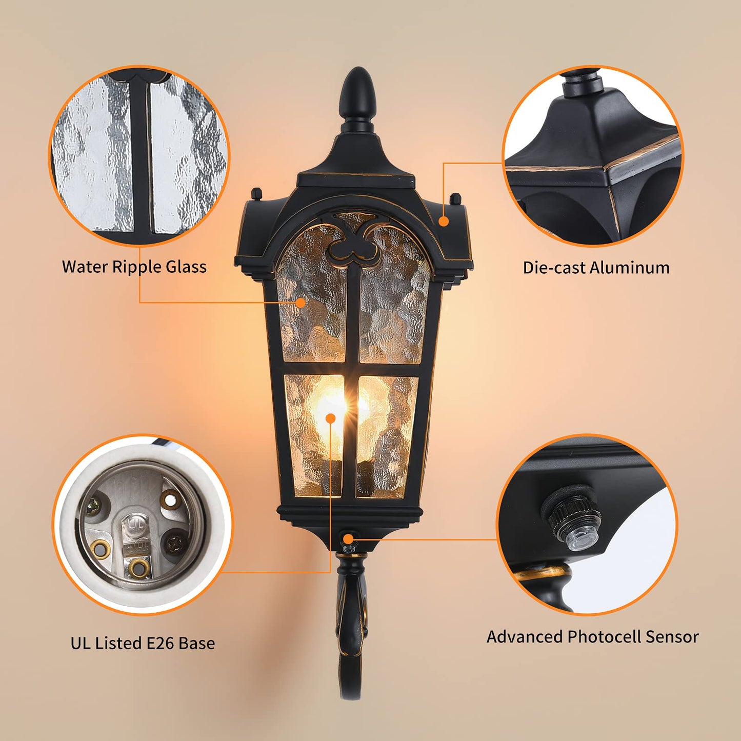 LONEDRUID Dusk to Dawn Sensor Outdoor Wall Light Fixtures Black Roman 17.71" H Exterior Wall Lantern Waterproof Sconce Porch Lights Wall Mount