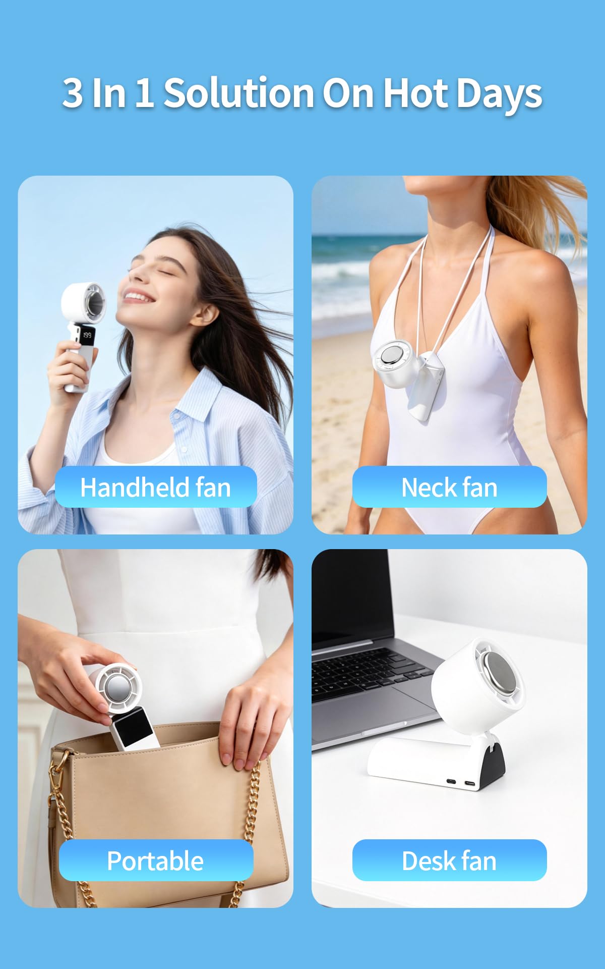 Vellunora Portable 3-in-1 Handheld Neck Fan, Semiconductor Cooling, 4000mAh Up to 13H Runtime, 11000RPM 7M/S Wind, 5 Speed Adjustable Quiet 50dB