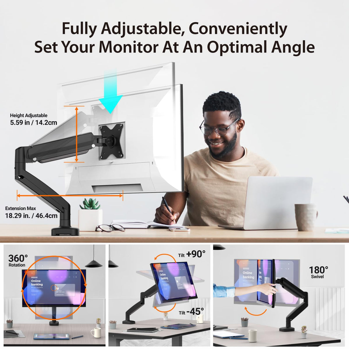 j5create Ergonomic Monitor Mount, Fully Adjustable Gas Spring Monitor Arm for 17 to 32 inch Screen, Integrated Cable Management, Comes with Clamp