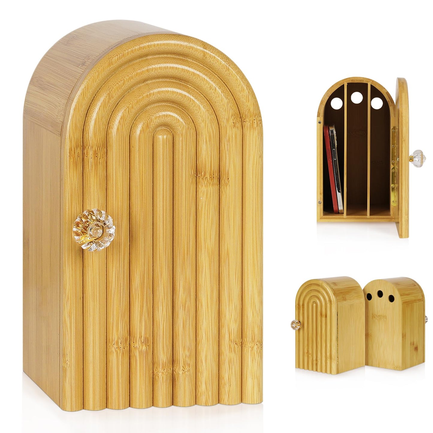 Lzttyee Phone Box for Family Time, Bamboo Cell Phone Jail, 3 Sections Hold 6 Phones, with Charging Holes, Phone Holder Self-Discipline Box, Help Kids