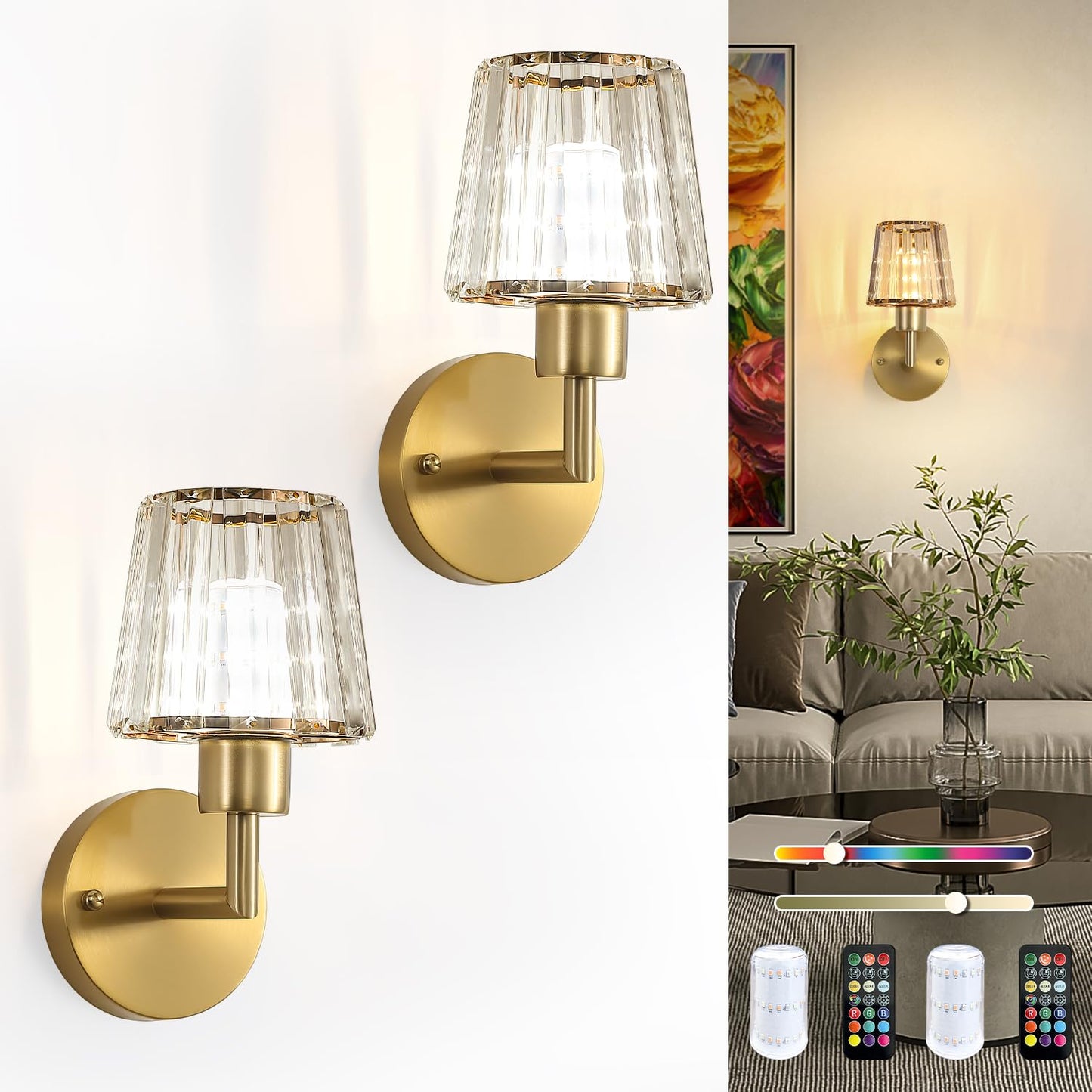 Daoteper Crystal Battery Operated Wall Sconces Set of 2, Gold Rechargeable Wireless Wall Lights with Remote, 13 Colors and RGB Dimmable, Auto Timer