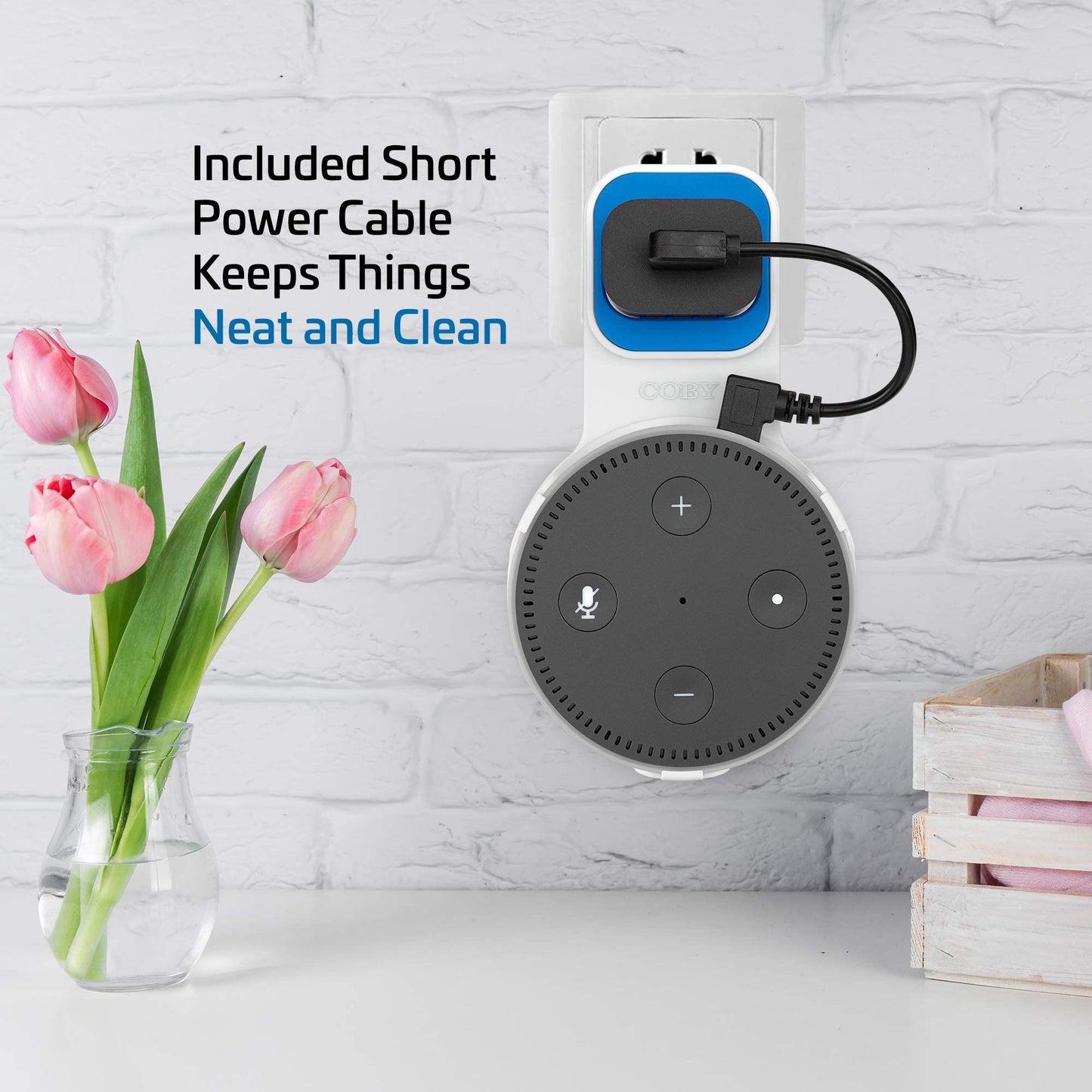 Coby Echo Dot Wall Mount 2nd Generation with Cable Management, Alexa Outlet Holder Stand with Charging Cable, Space Saving Smart Speaker Mount for
