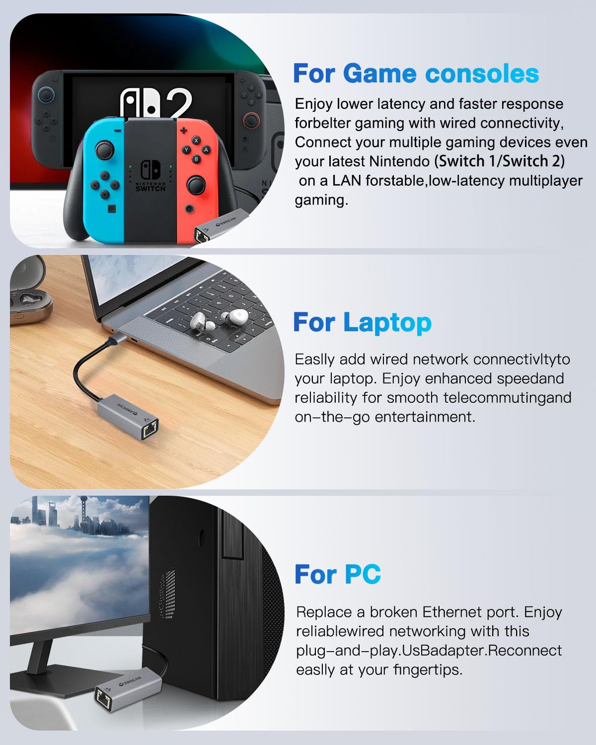 USB to Ethernet Adapter,Ethernet to USB,USBA to RJ45 for Nintendo Switch 2,Gigabit Ethernet Adapter, LAN Network for Laptop
