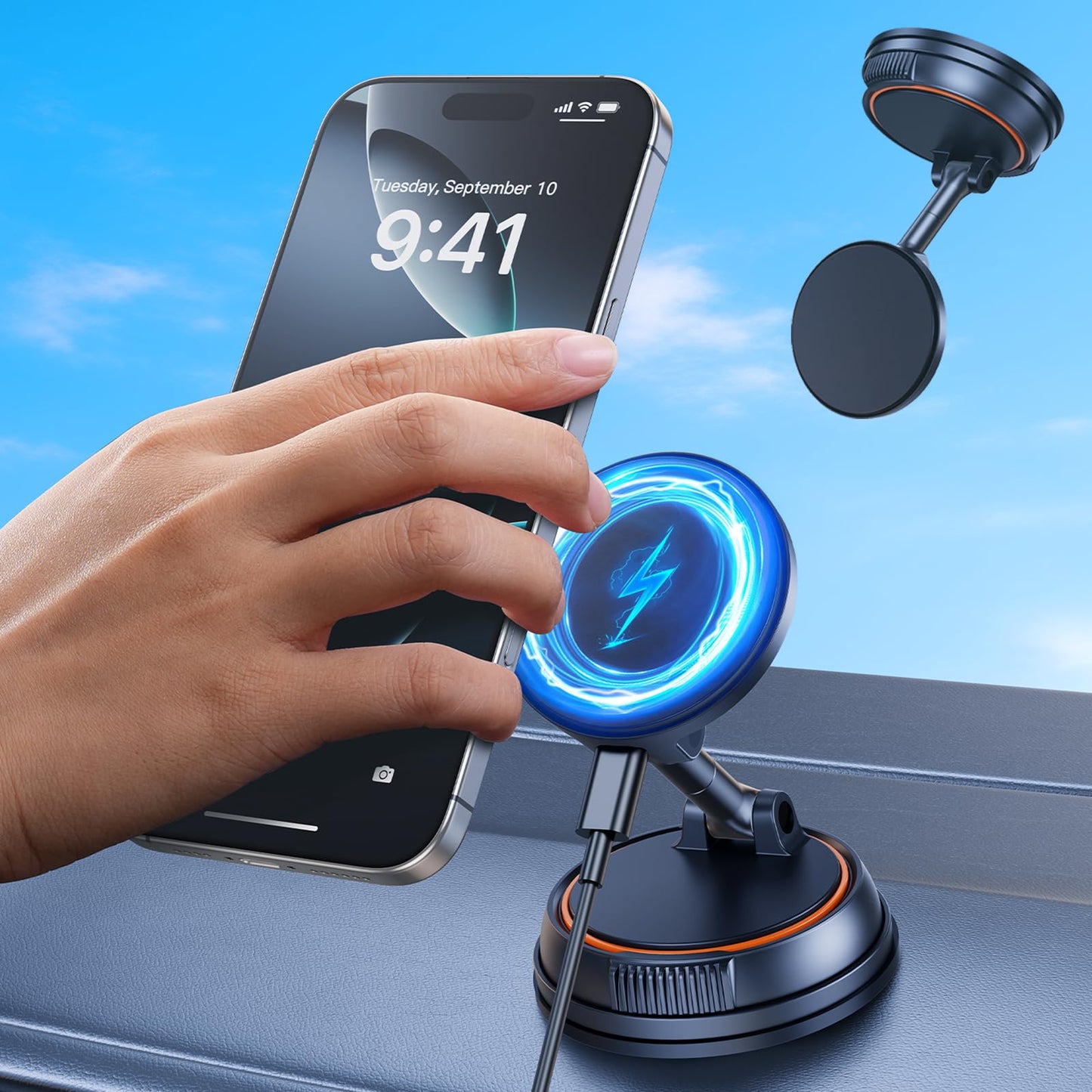 DICMKY Magnetic Wireless Car Mount Charger Fast Charging, 360°Rotating Dashboard/Windshield Vacuum Suction Cup Phone Holders for Your Car, Car