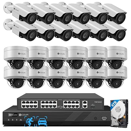 4COVR 4K PoE 32 Channel Security Camera System, 12 Dome IK10 Vandal-Proof 12 Bullet 8MP Commercial IP Camera IP67 Night Vision, AI Human/Vehicle