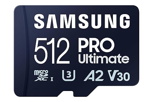 Samsung PRO Ultimate microSD Memory Card + Adapter, 512GB microSDXC, Up to 200 MB/s, 4K UHD, UHS-I, Class 10, U3,V30, A2 for GoPRO Action Cam, DJI