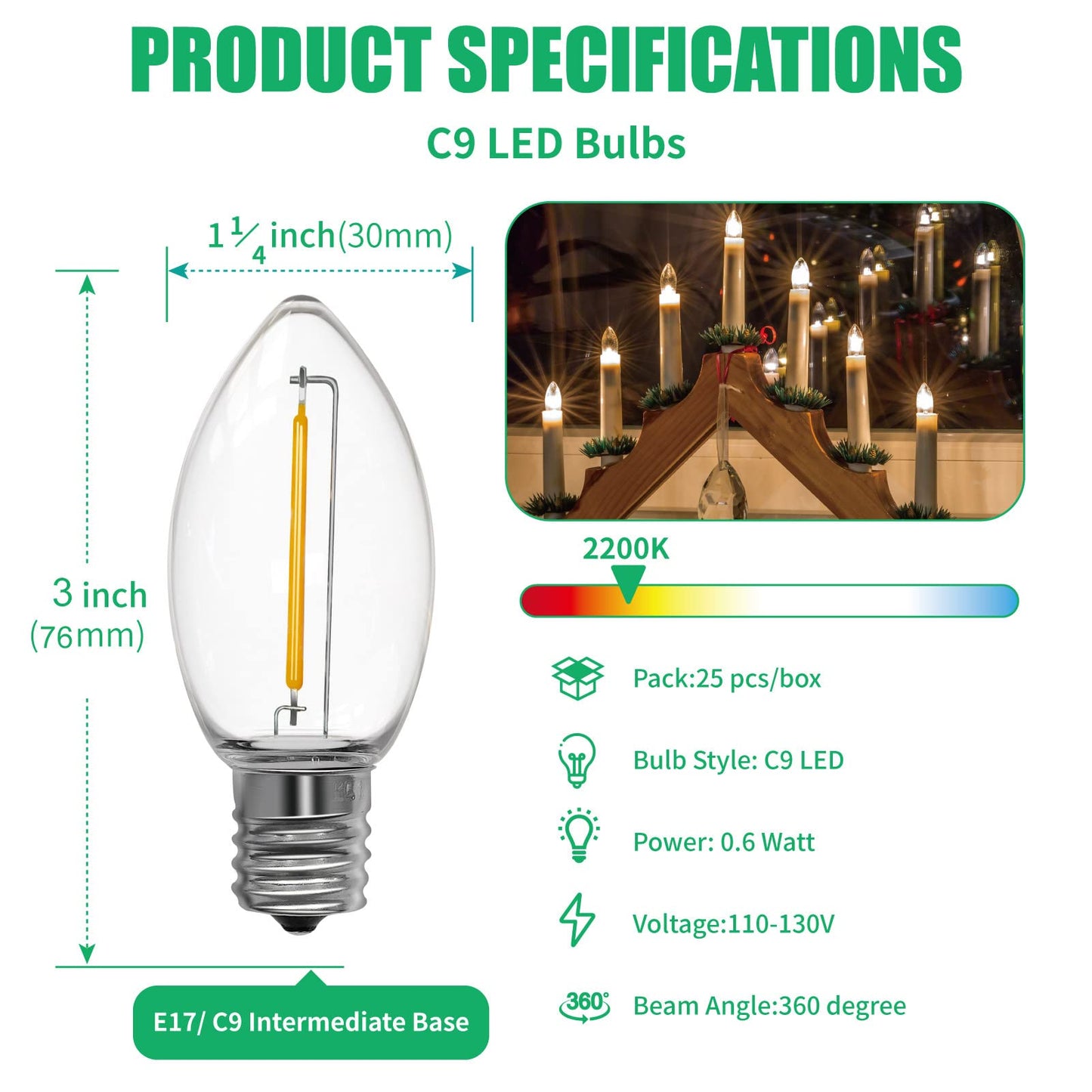 Meconard C9 Led Replacement Christmas Light Bulb, 25 Pack C9 Shatterproof Led Bulbs for Christmas Outdoor String Lights, E17 Intermediate Base