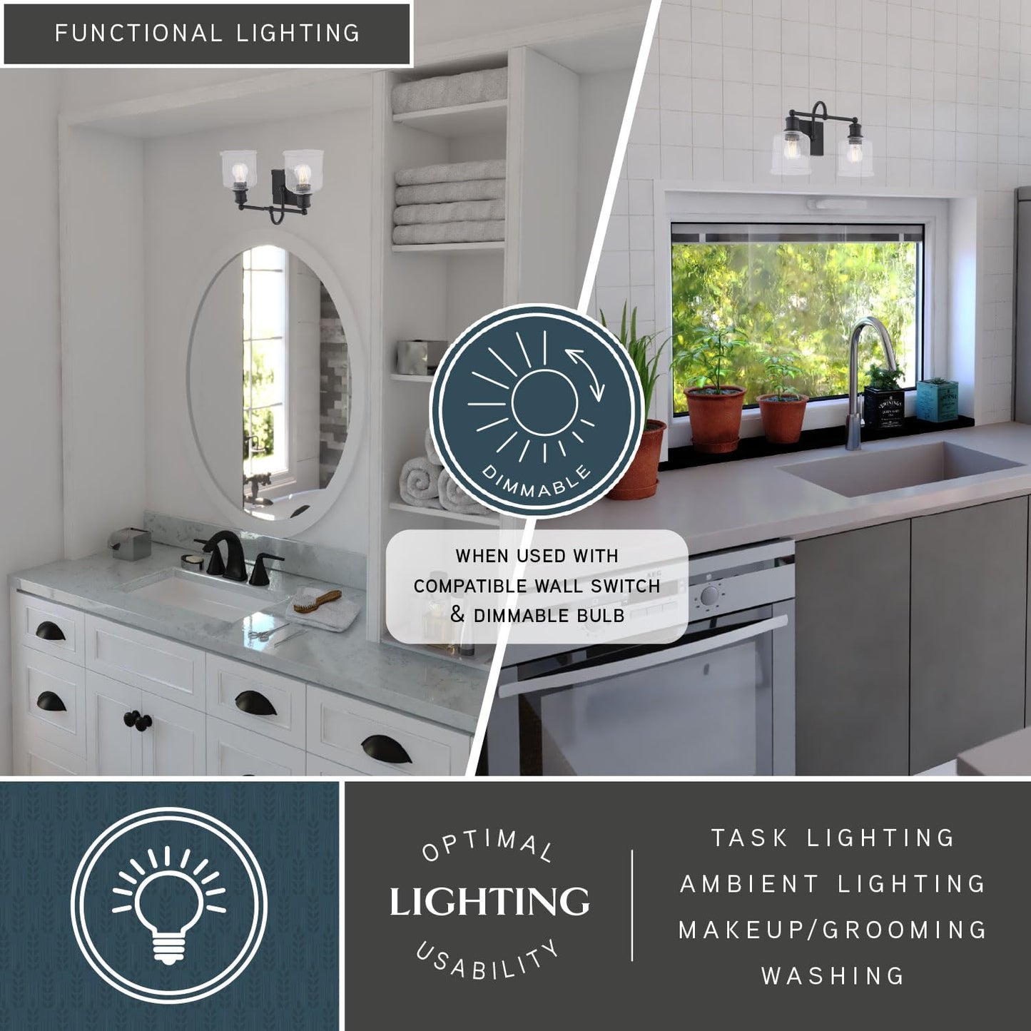 VAXCEL Northbrook 2-Light 16 in. Wide Matte Black Traditional Bathroom Vanity Lighting Fixture, Clear Seeded Glass Shade, Dimmable, LED Compatible