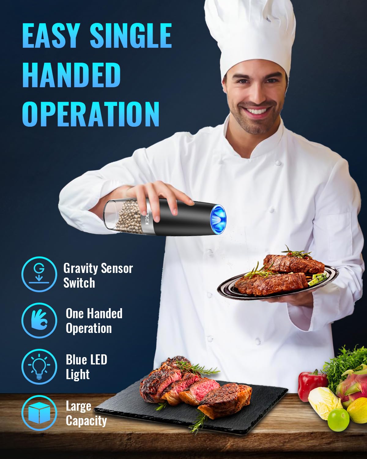 Sweet Alice Electric Salt & Pepper Grinder Set – 2-Pack, Adjustable Coarseness, LED Light, One-Hand Operation, Stainless Steel Black