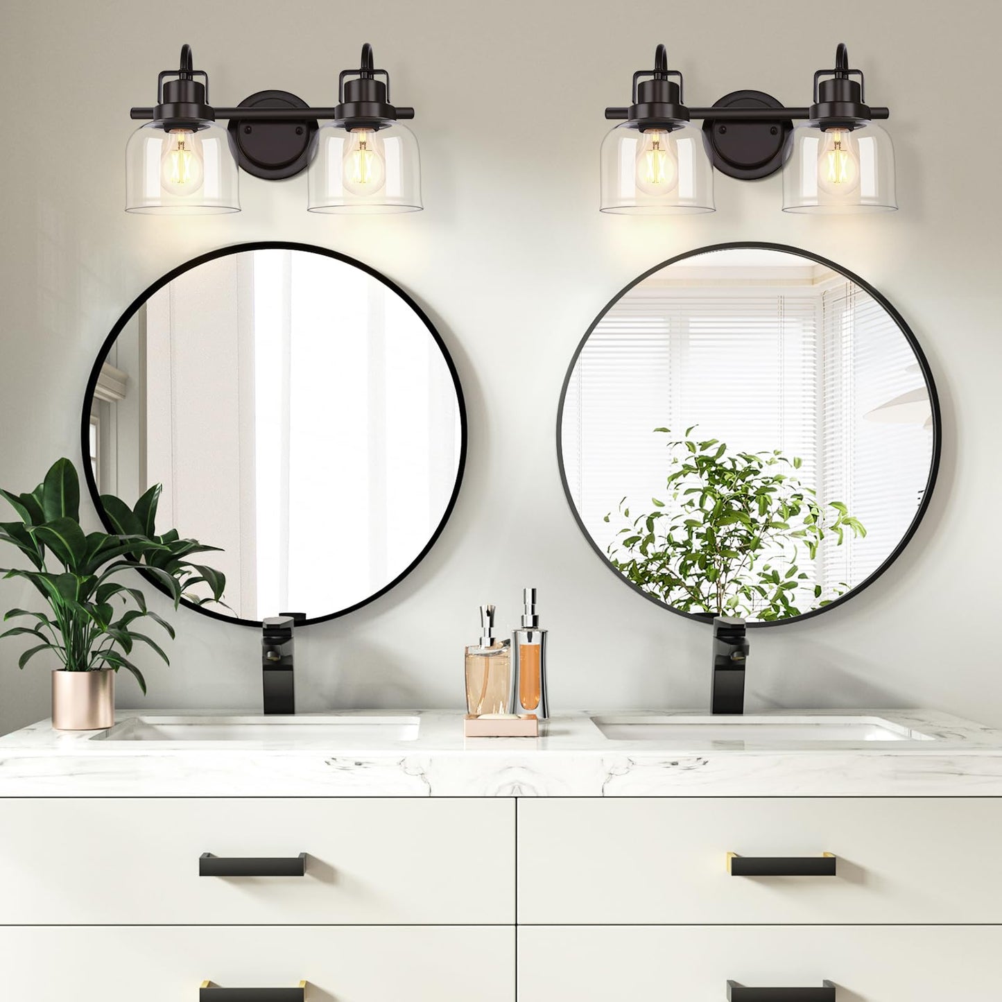 Bathroom Light fixtures, 2 Light Bronze Bathroom Vanity Light, Modern Vanity Light Fixtures with Metal Base and Clear Glass Shade, Wall Sconces