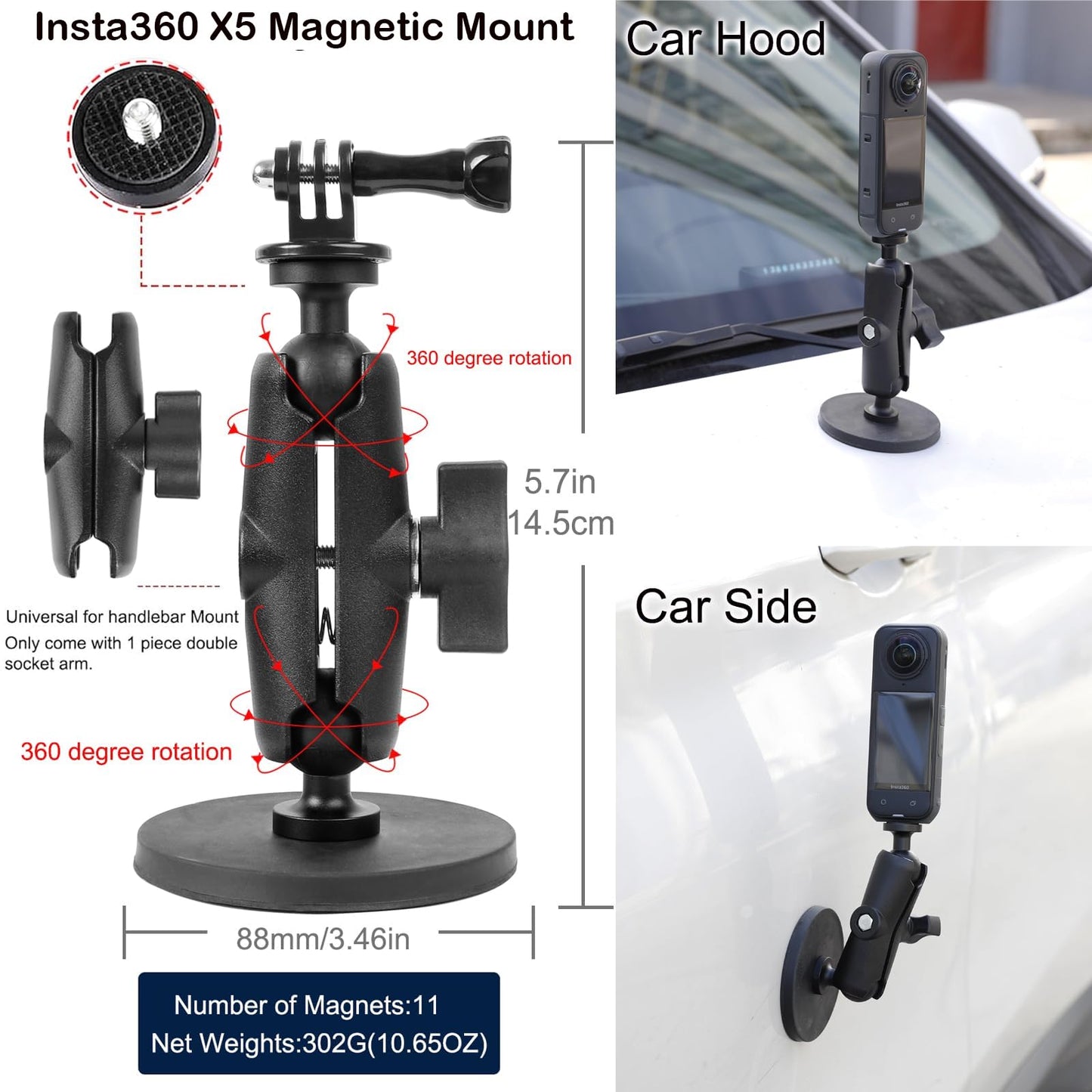 PellKing Accessories Kit for insta360 X5,Included Carrying Case with Belt,2 Pcs Metal 1/4" Adapter,Handlebar Clamp,Magnetic Mount,43in Selfie