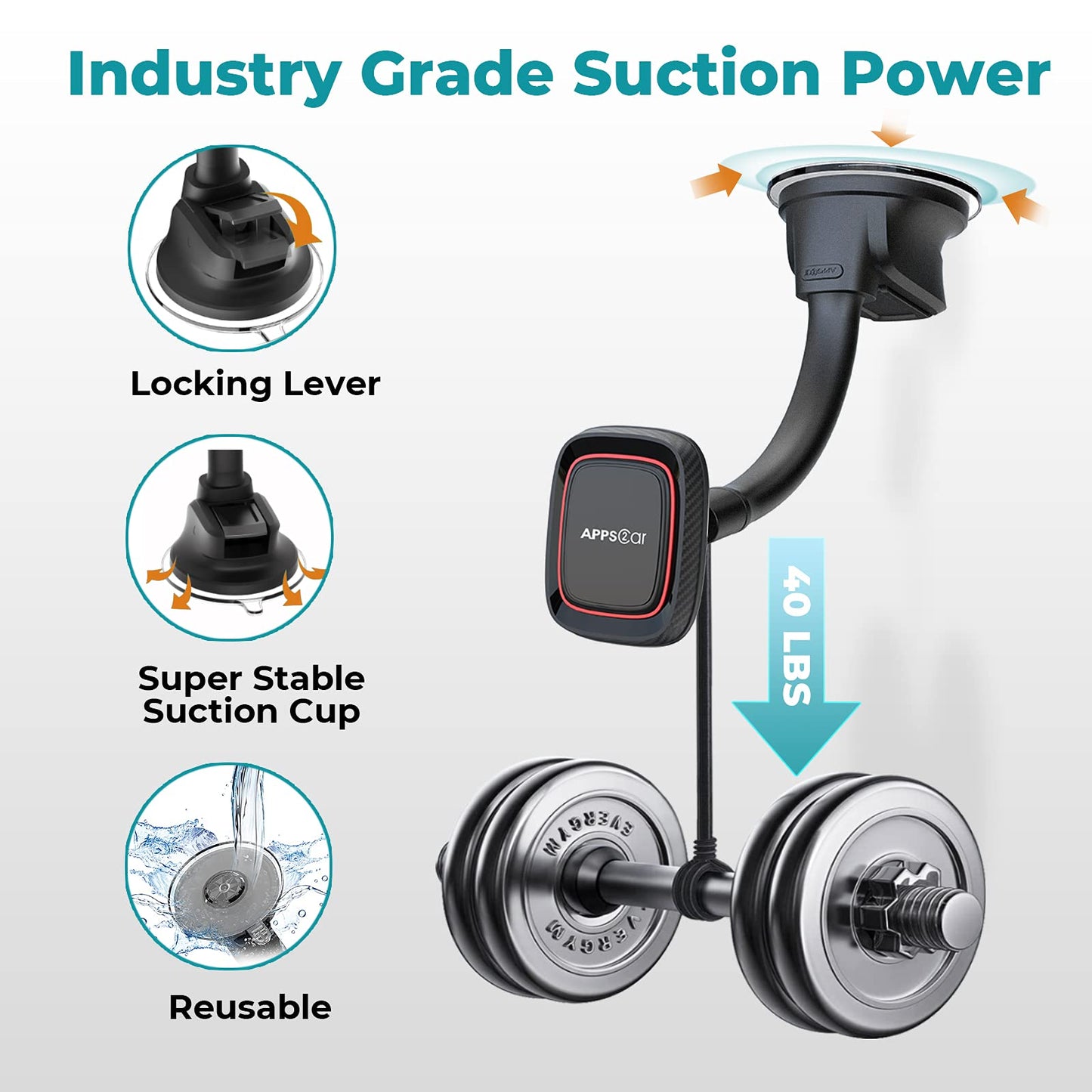 APPS2Car Magnetic Phone Holder for Car, Dashboard Windshield Phone Holder Mount with Flexible Arm & Built-in Strong Magnets, Suction Cup Phone Holder