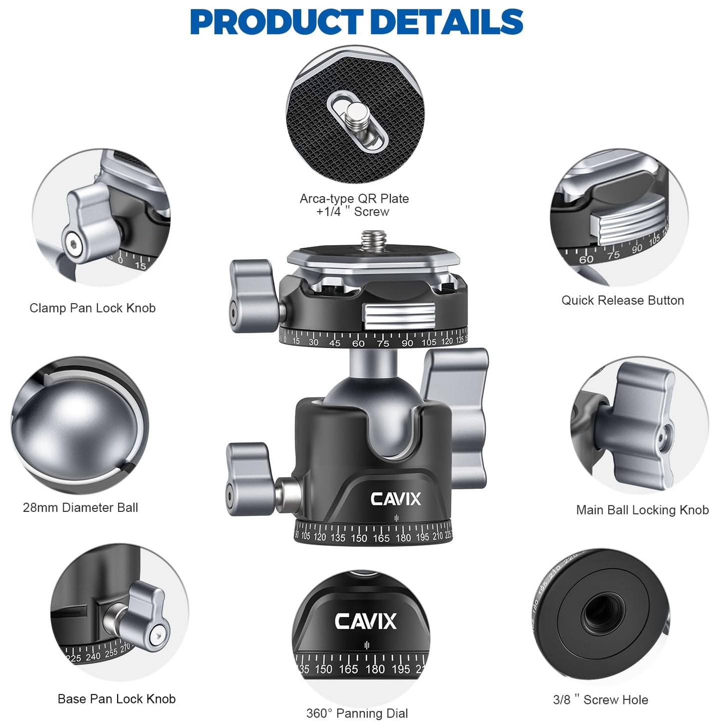CAVIX 360° Rotating Panoramic Ball Head, Tripod Head Mount 1/4" & 3/8" with Arca Quick Release Plate, for DSLR Camera,Tripod,Monopod,Slider,Camcorder
