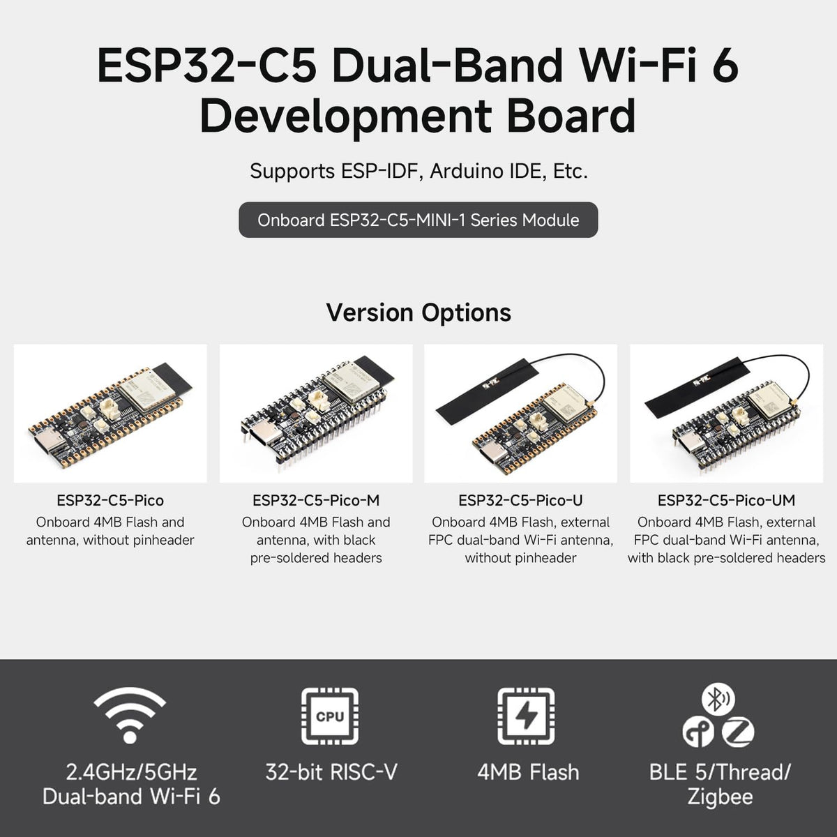 Waveshare ESP32-C5 Dual-Band Wi-Fi6 Dev Board, External FPC Antenna