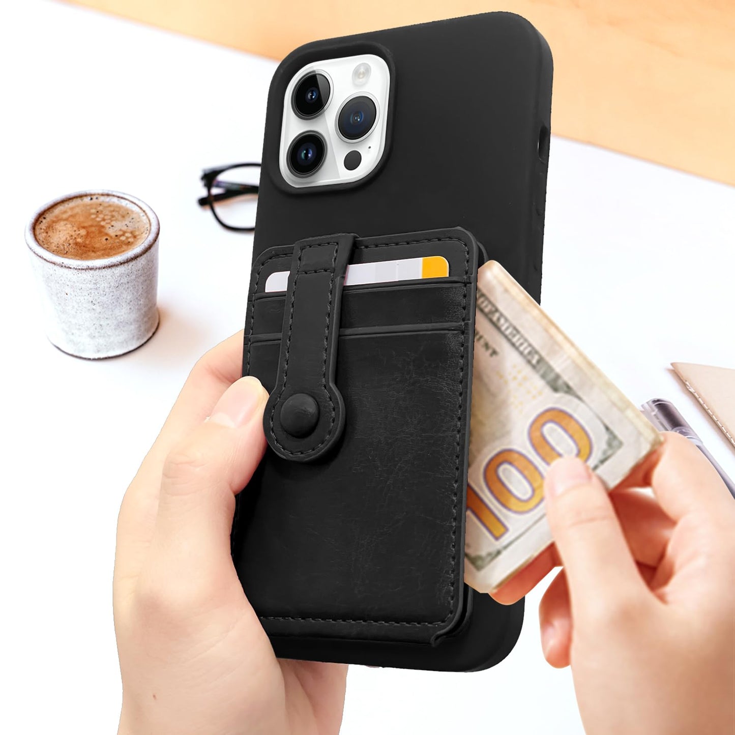 M-Plateau Phone Wallet Stick On, Card Holder With Elastic Magnetic Closure, Slim Phone Card Holder With Adhesive Compatible with iPhone 14 Case