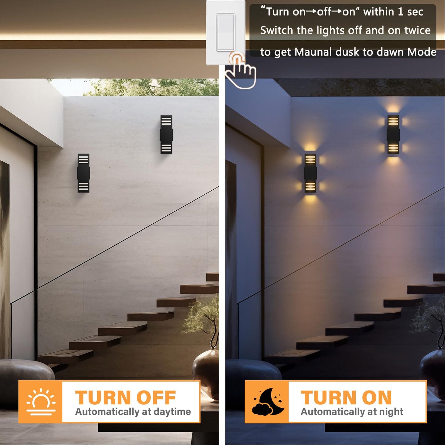 Motion Sensor Outdoor Wall Lights, Dusk to Dawn Exterior Light Fixture with 3 Modes, Waterproof Modern Dimmable Porch Light with Up Down Lighting