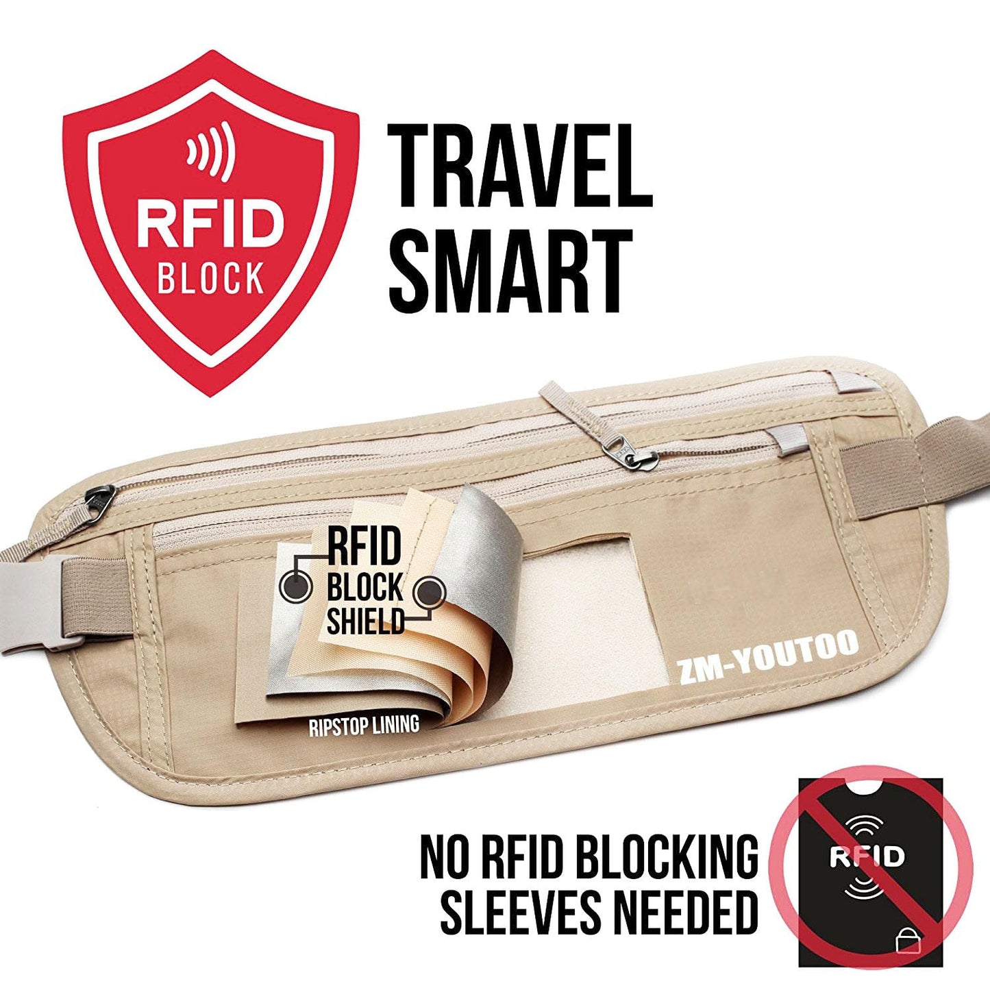 ZM-YOUTOO RFID Blocking Money Belt – Hidden Travel Waist Pouch & Passport Holder Wallet for Cash, Cards & ID, Khaki