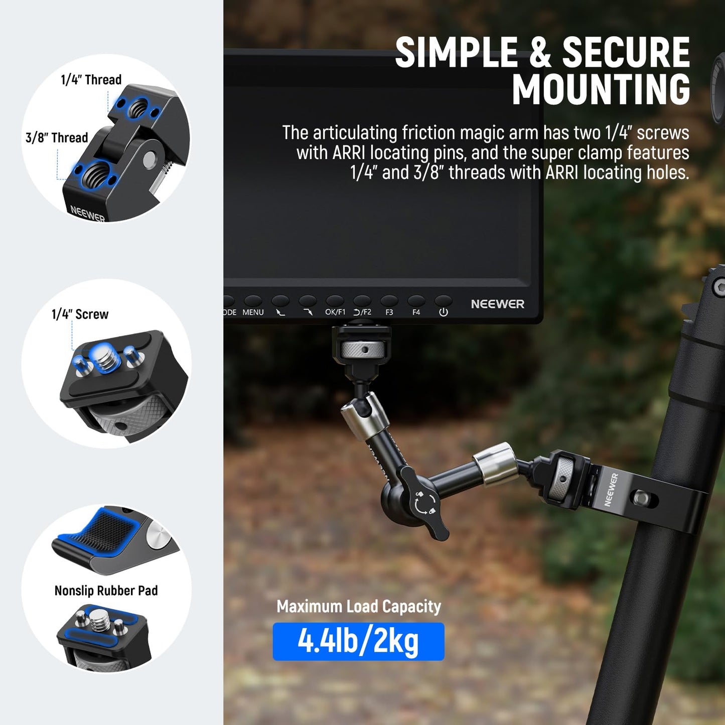 NEEWER 7" Articulating Magic Arm Clamp Mount with Super Clamp, Camera Monitor Mount with 1/4" 3/8" ARRI Locating Pins & Holes for DSLR Action Camera