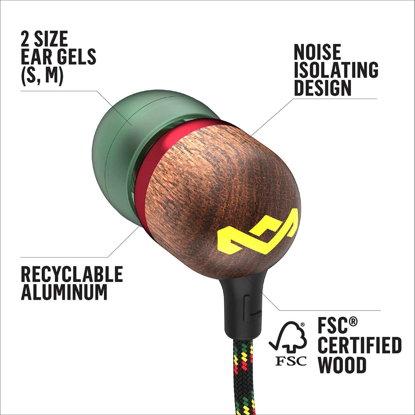House of Marley Smile Jamaica AUX Wired Earbuds with Microphone, Noise-Isolating in-Ear Headphones, Tangle-Resistant Cable, 3.5mm Jack Sustainable
