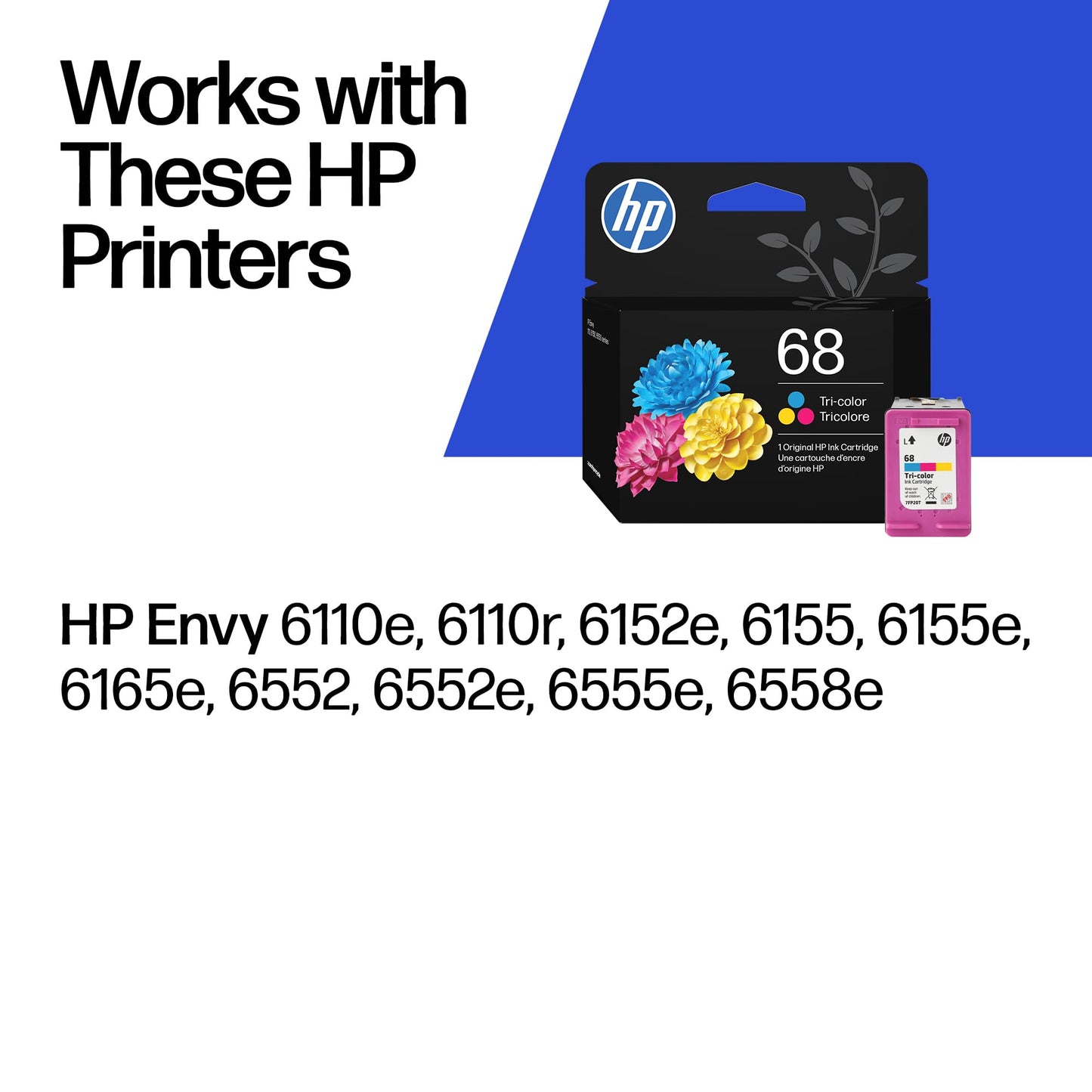 HP 68 Tri-Color Ink Cartridge | Works with Envy 6100e, 6500e Series | 7FP20TN | Packaging May Vary