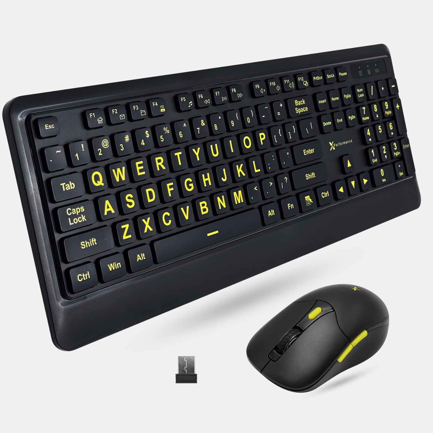 X9 Performance Large Print Wireless Keyboard and Mouse Combo - Easy to See Yellow Letters for Seniors and Low Vision Users - 2.4Ghz Wireless Mouse