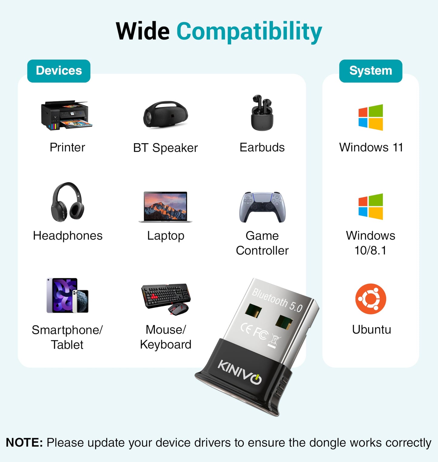 Kinivo USB Bluetooth Adapter for PC (BT5.0, Plug & Play Wireless Dongle Receiver for Ubuntu, Windows 11/10/8.1) - Works with Laptops, Headsets