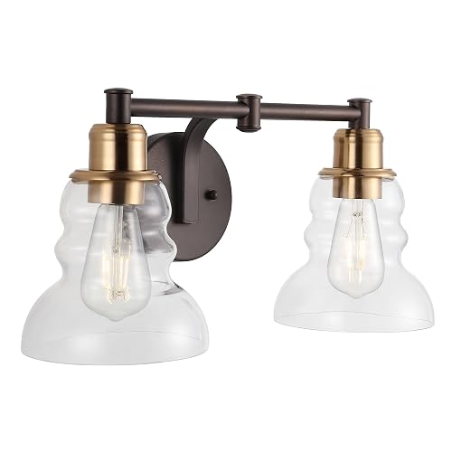 JONATHAN Y 18.5" Brass Gold/Oil Rubbed Bronze Modern Industrial Rustic 2-Light LED Vanity Light with Clear Glass Shade, Vintage Wall Sconce